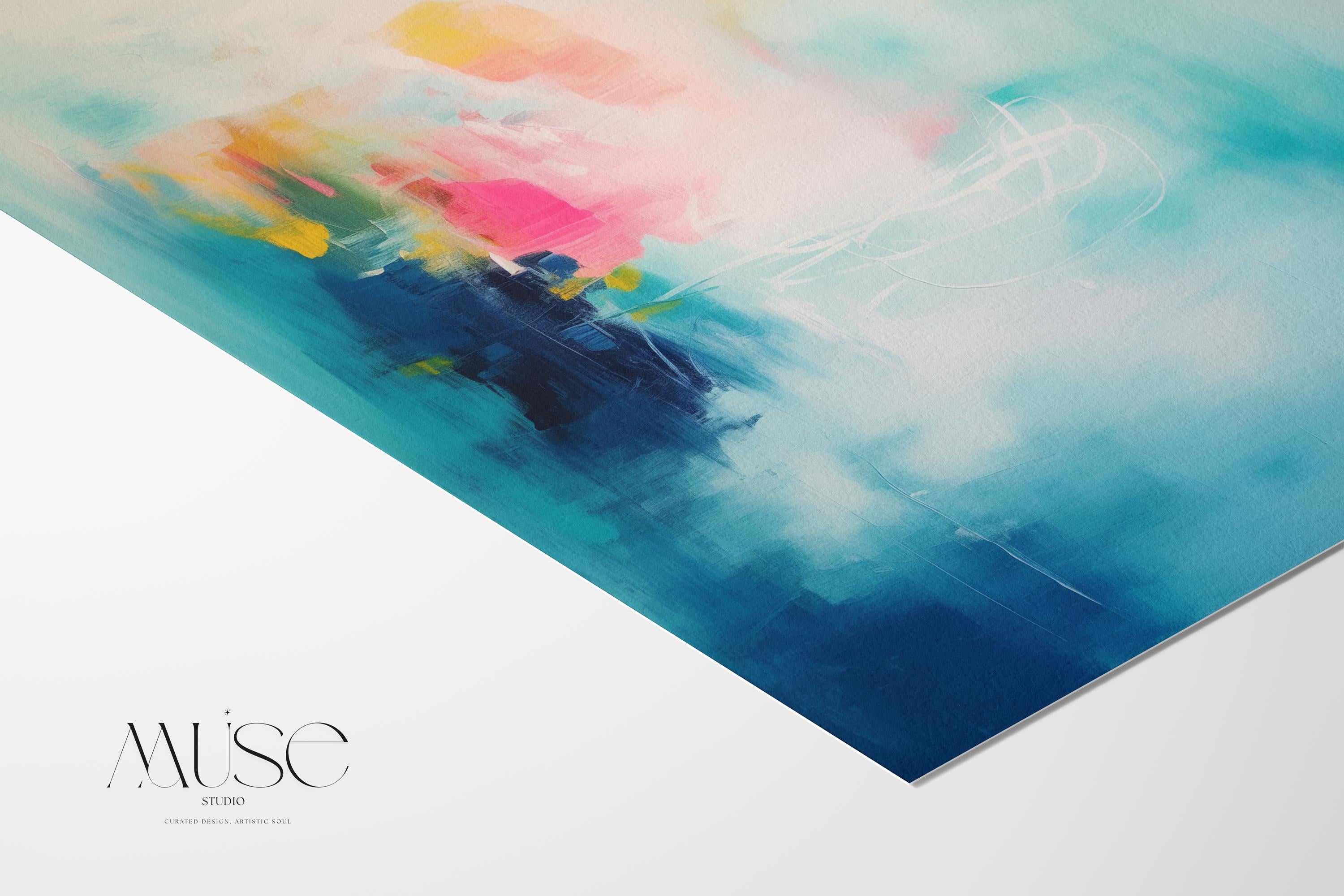 Abstract Art Print Aqua Pink and Yellow Painting Horizontal Wall Decor for Living Room Modern Soft Brights Colorful Home Style 056