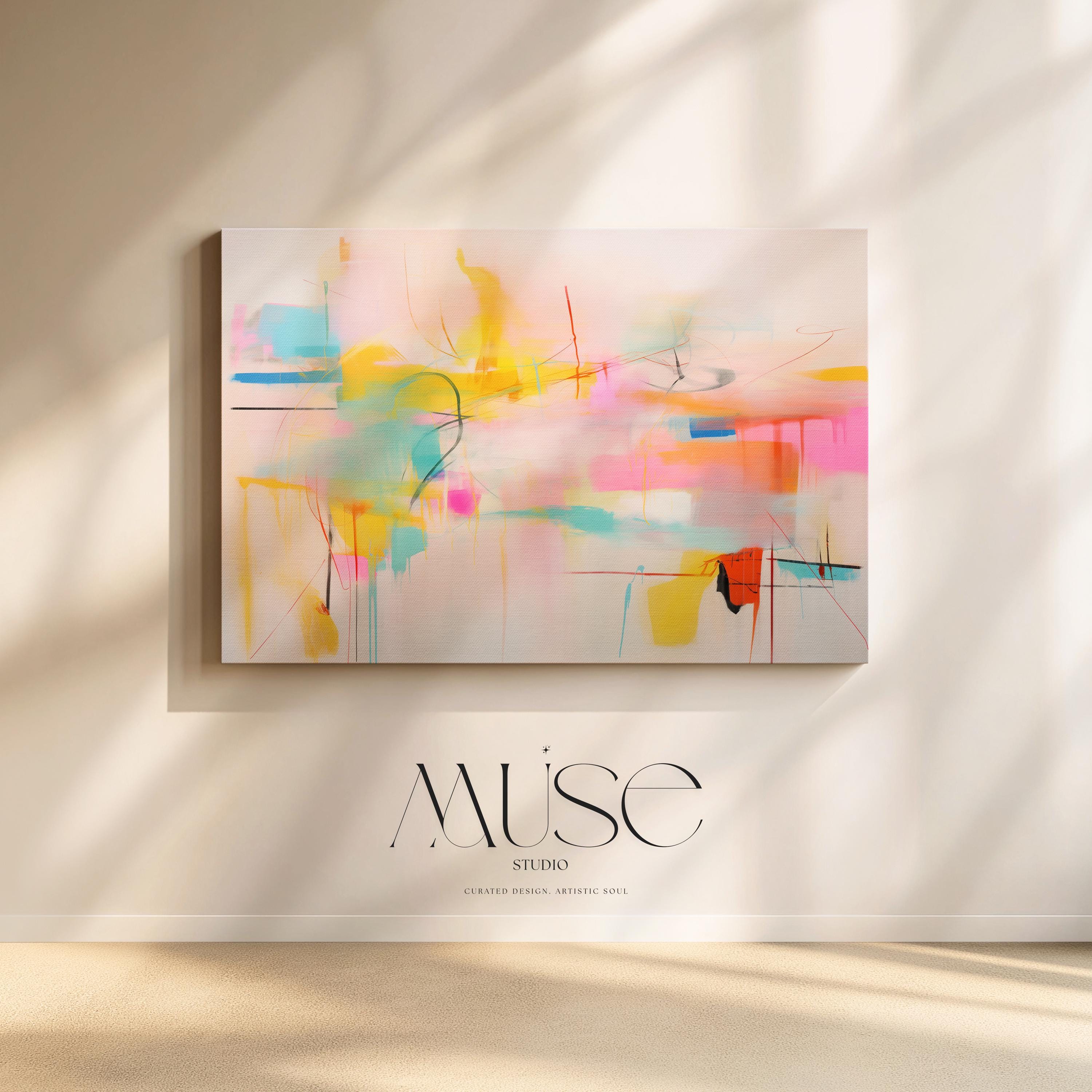 Stretched Canvas Art Large abstract wall decor on stretched canvas, gallery-wrapped and ready to hang. Perfect for colorful wall art in living rooms, office spaces, and design projects. Giclée canvas print with bold brushwork and vibrant modern style for impactful home decor. Muse Studio Decor Art. Colorful Abstract Canvas Art in Pink Yellow Aqua and Orange Bright Dopamine Decor Horizontal Wall Art for Modern Home Living Room Style 031