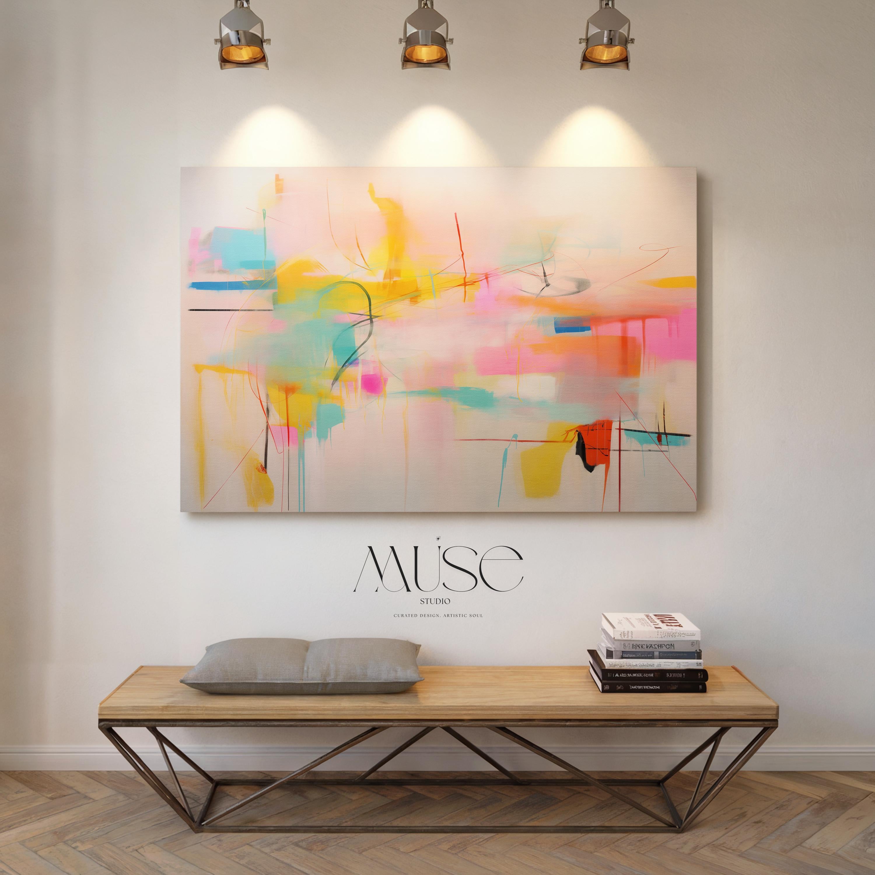 Stretched Canvas Art Large abstract wall decor on stretched canvas, gallery-wrapped and ready to hang. Perfect for colorful wall art in living rooms, office spaces, and design projects. Giclée canvas print with bold brushwork and vibrant modern style for impactful home decor. Muse Studio Decor Art. Colorful Abstract Canvas Art in Pink Yellow Aqua and Orange Bright Dopamine Decor Horizontal Wall Art for Modern Home Living Room Style 031