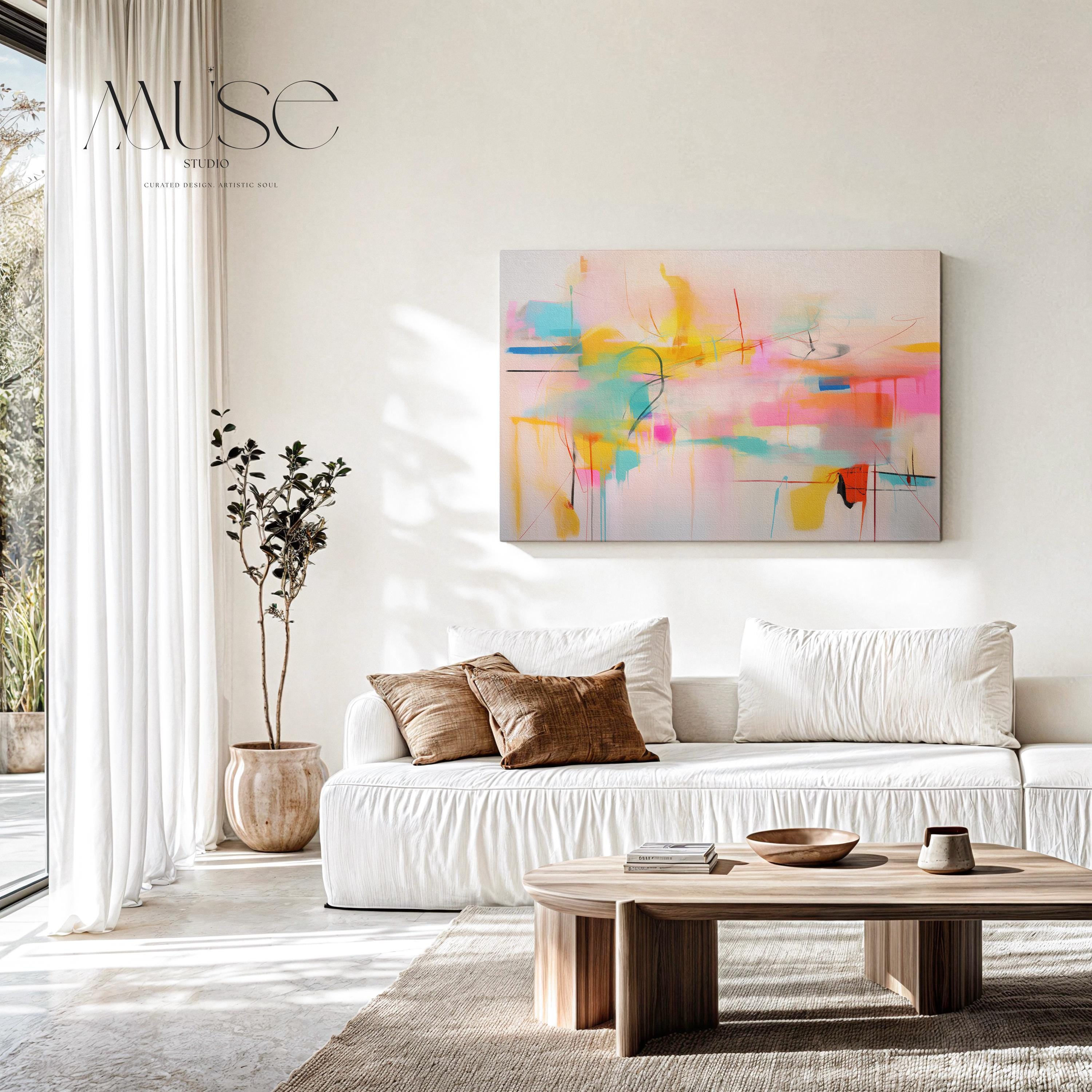 Stretched Canvas Art Large abstract wall decor on stretched canvas, gallery-wrapped and ready to hang. Perfect for colorful wall art in living rooms, office spaces, and design projects. Giclée canvas print with bold brushwork and vibrant modern style for impactful home decor. Muse Studio Decor Art. Colorful Abstract Canvas Art in Pink Yellow Aqua and Orange Bright Dopamine Decor Horizontal Wall Art for Modern Home Living Room Style 031