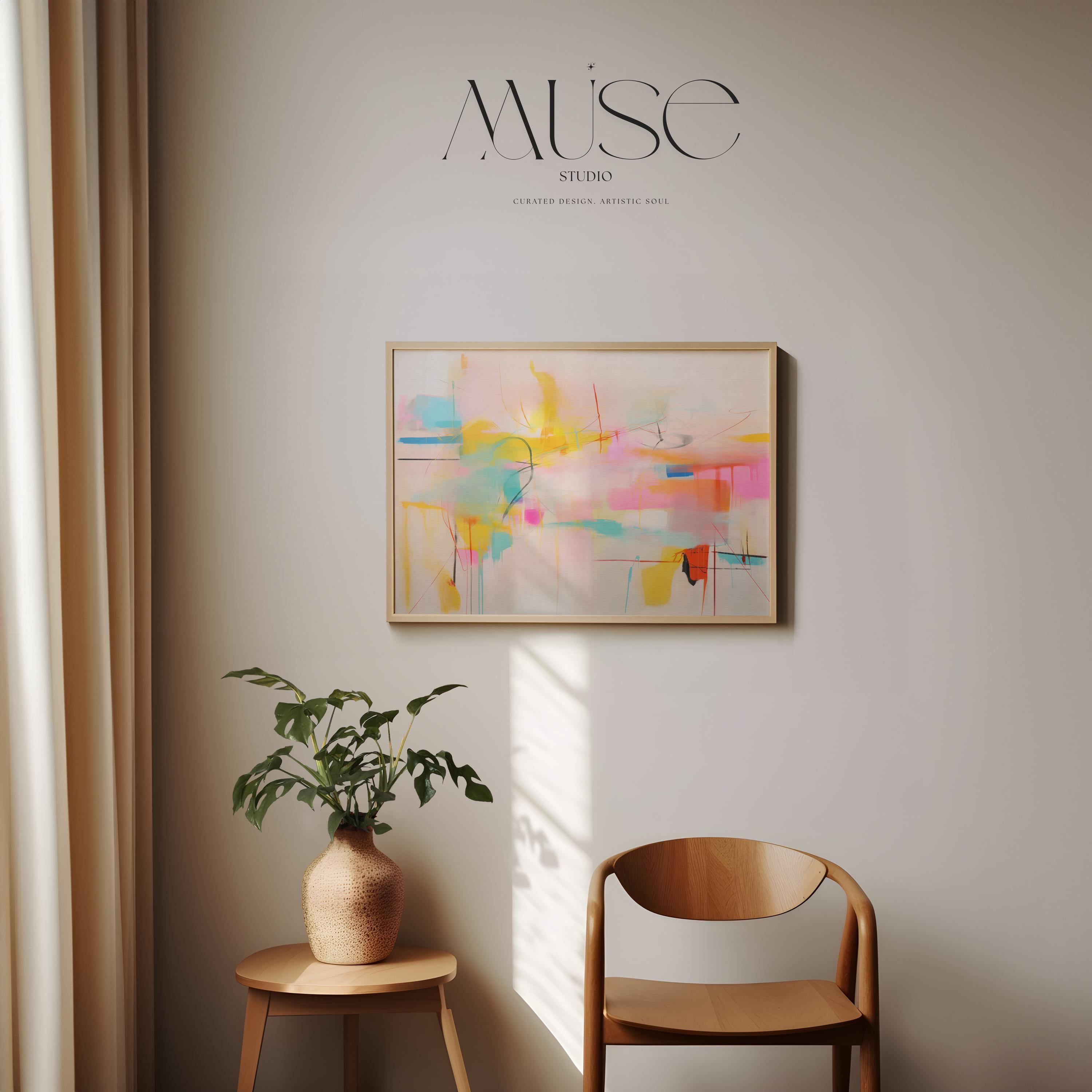 Soft Pastel Abstract Art Print in Pink Yellow Aqua and Orange Retro Dopamine Decor Art Horizontal Colorful Wall Art for Office Home 031