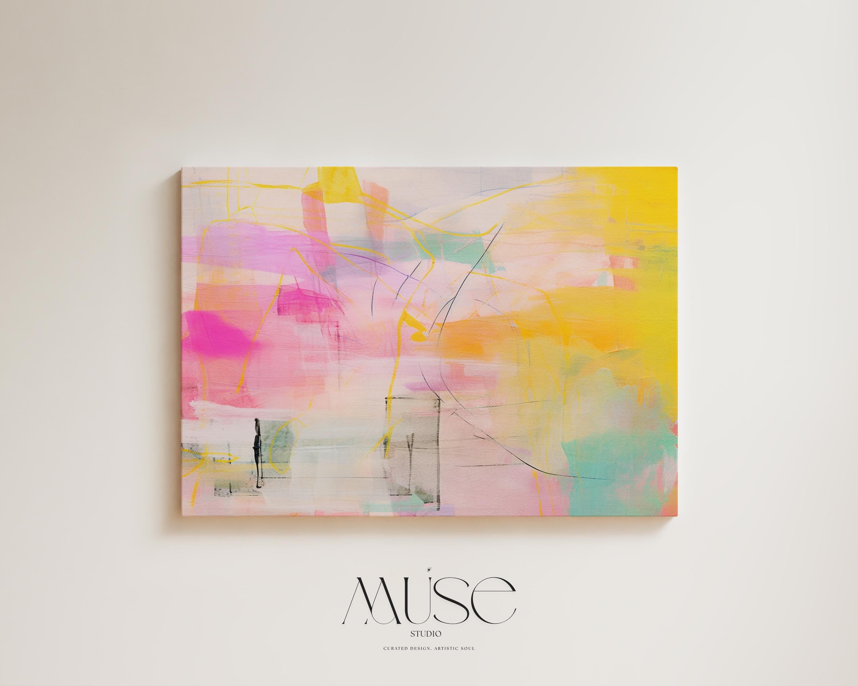 Stretched Canvas Art Large abstract wall decor on stretched canvas, gallery-wrapped and ready to hang. Perfect for colorful wall art in living rooms, office spaces, and design projects. Giclée canvas print with bold brushwork and vibrant modern style for impactful home decor. Muse Studio Decor Art. Bold Pastel Abstract Canvas Wall Art in Yellow Pink and Aqua Dopamine Decor Horizontal Large Art for Living Room or Creative Office AURORA_002