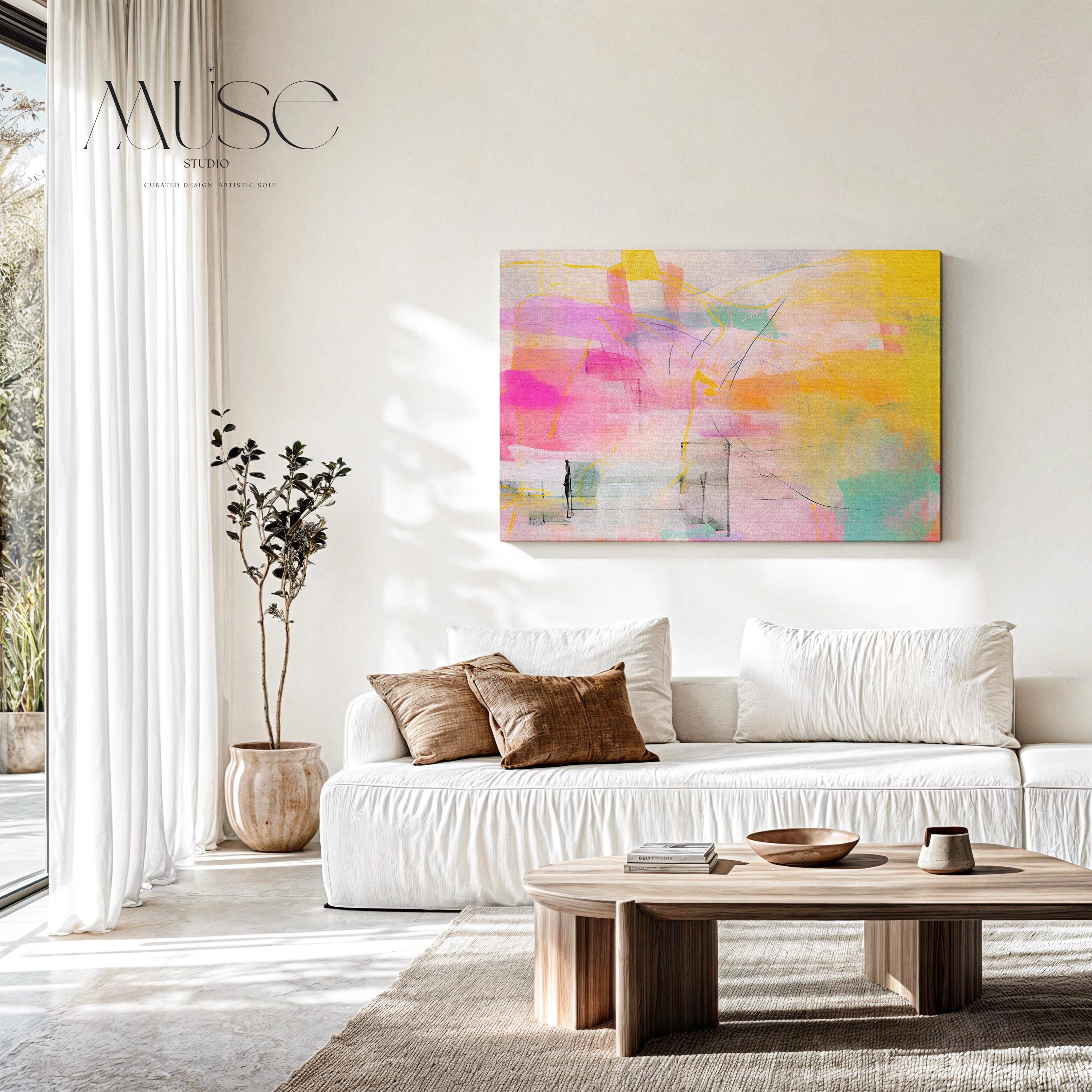 Stretched Canvas Art Large abstract wall decor on stretched canvas, gallery-wrapped and ready to hang. Perfect for colorful wall art in living rooms, office spaces, and design projects. Giclée canvas print with bold brushwork and vibrant modern style for impactful home decor. Muse Studio Decor Art. Bold Pastel Abstract Canvas Wall Art in Yellow Pink and Aqua Dopamine Decor Horizontal Large Art for Living Room or Creative Office AURORA_002
