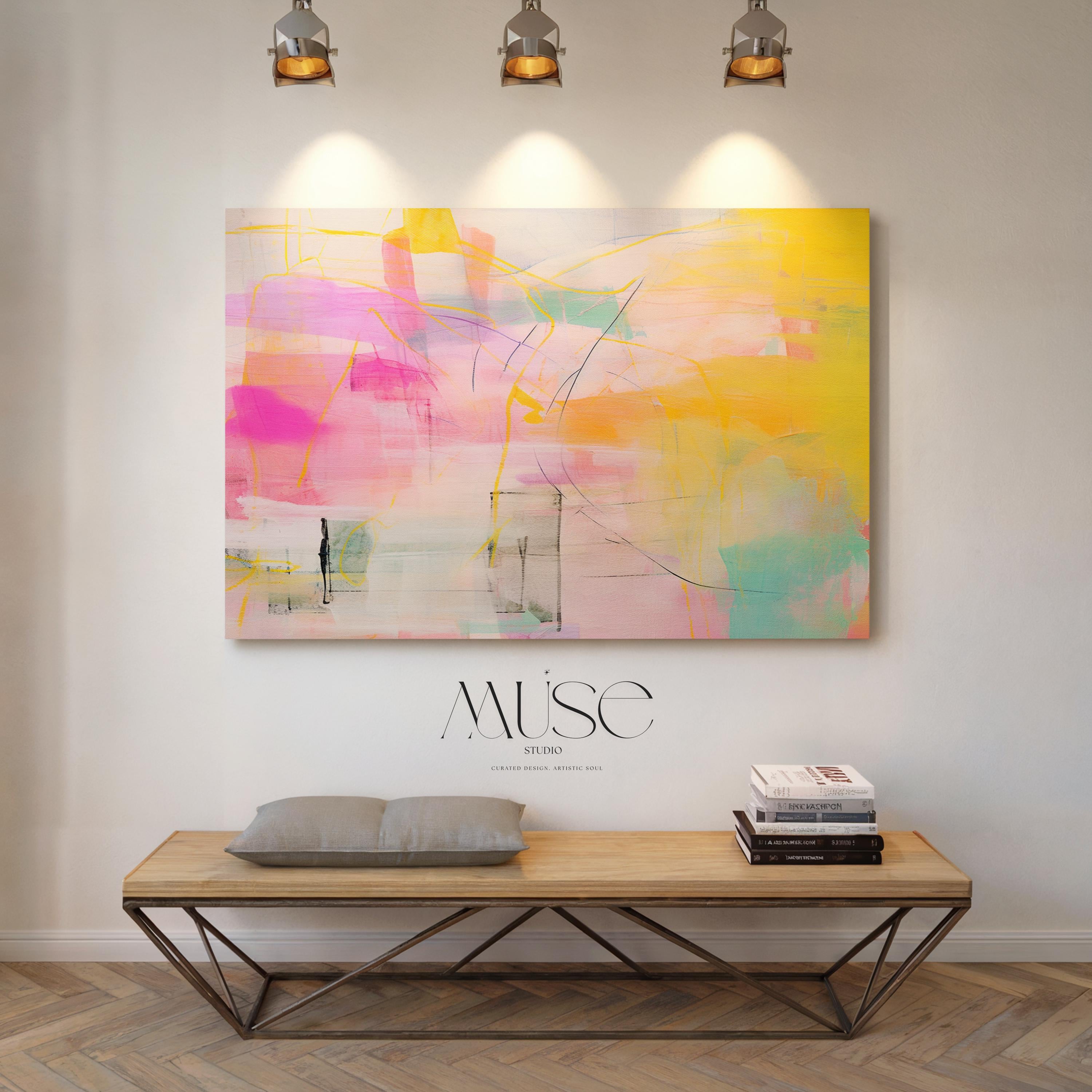 Stretched Canvas Art Large abstract wall decor on stretched canvas, gallery-wrapped and ready to hang. Perfect for colorful wall art in living rooms, office spaces, and design projects. Giclée canvas print with bold brushwork and vibrant modern style for impactful home decor. Muse Studio Decor Art. Bold Pastel Abstract Canvas Wall Art in Yellow Pink and Aqua Dopamine Decor Horizontal Large Art for Living Room or Creative Office AURORA_002