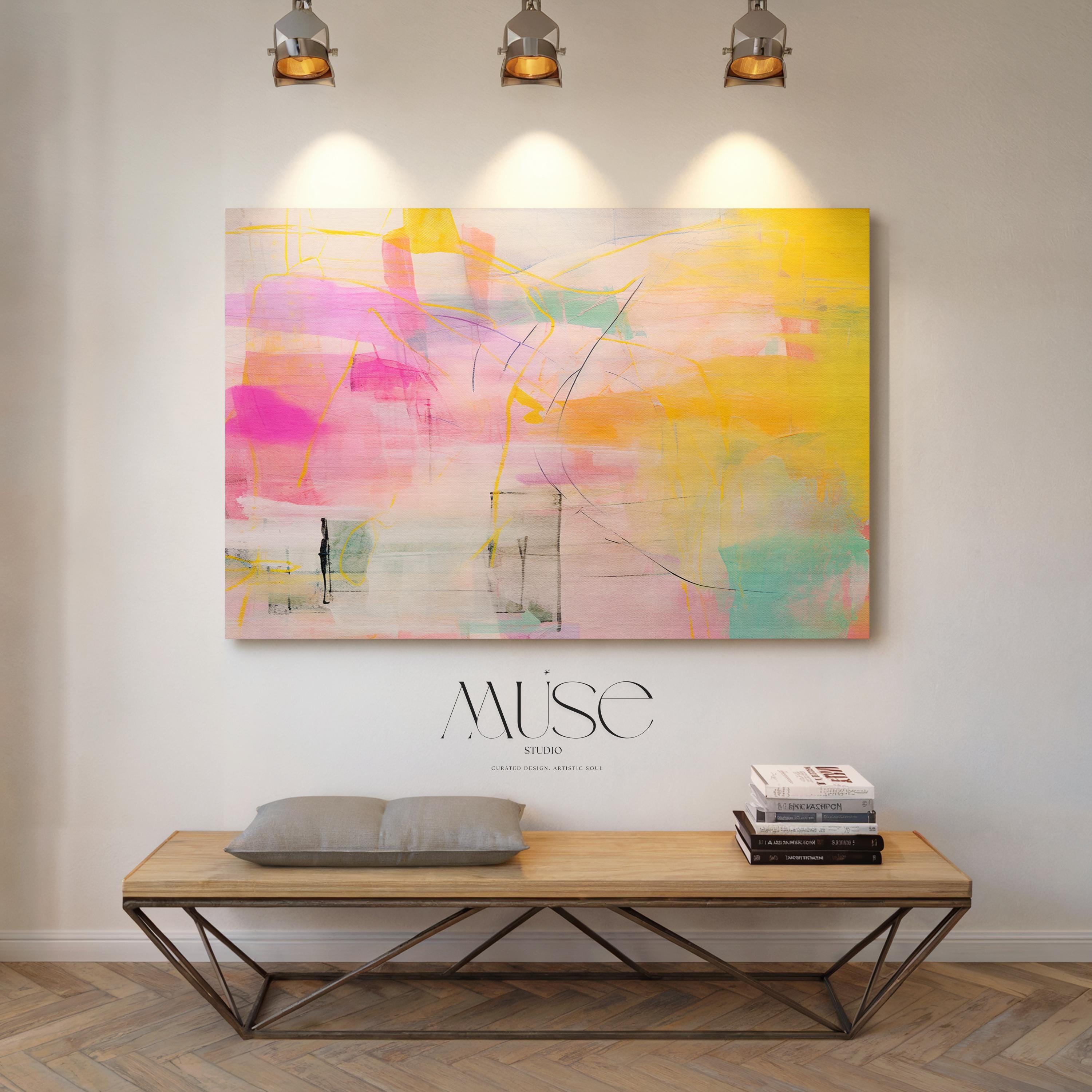 Stretched Canvas Art Large abstract wall decor on stretched canvas, gallery-wrapped and ready to hang. Perfect for colorful wall art in living rooms, office spaces, and design projects. Giclée canvas print with bold brushwork and vibrant modern style for impactful home decor. Muse Studio Decor Art. Bold Pastel Abstract Canvas Wall Art in Yellow Pink and Aqua Dopamine Decor Horizontal Large Art for Living Room or Creative Office AURORA_002