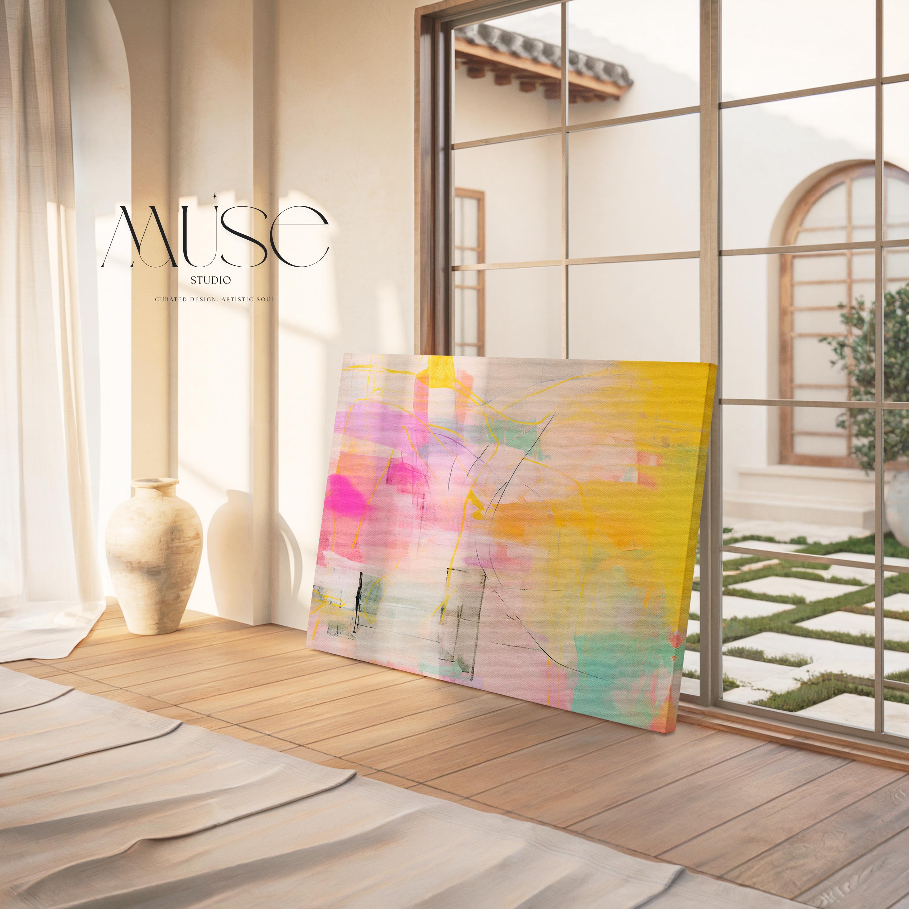 Stretched Canvas Art Large abstract wall decor on stretched canvas, gallery-wrapped and ready to hang. Perfect for colorful wall art in living rooms, office spaces, and design projects. Giclée canvas print with bold brushwork and vibrant modern style for impactful home decor. Muse Studio Decor Art. Bold Pastel Abstract Canvas Wall Art in Yellow Pink and Aqua Dopamine Decor Horizontal Large Art for Living Room or Creative Office AURORA_002