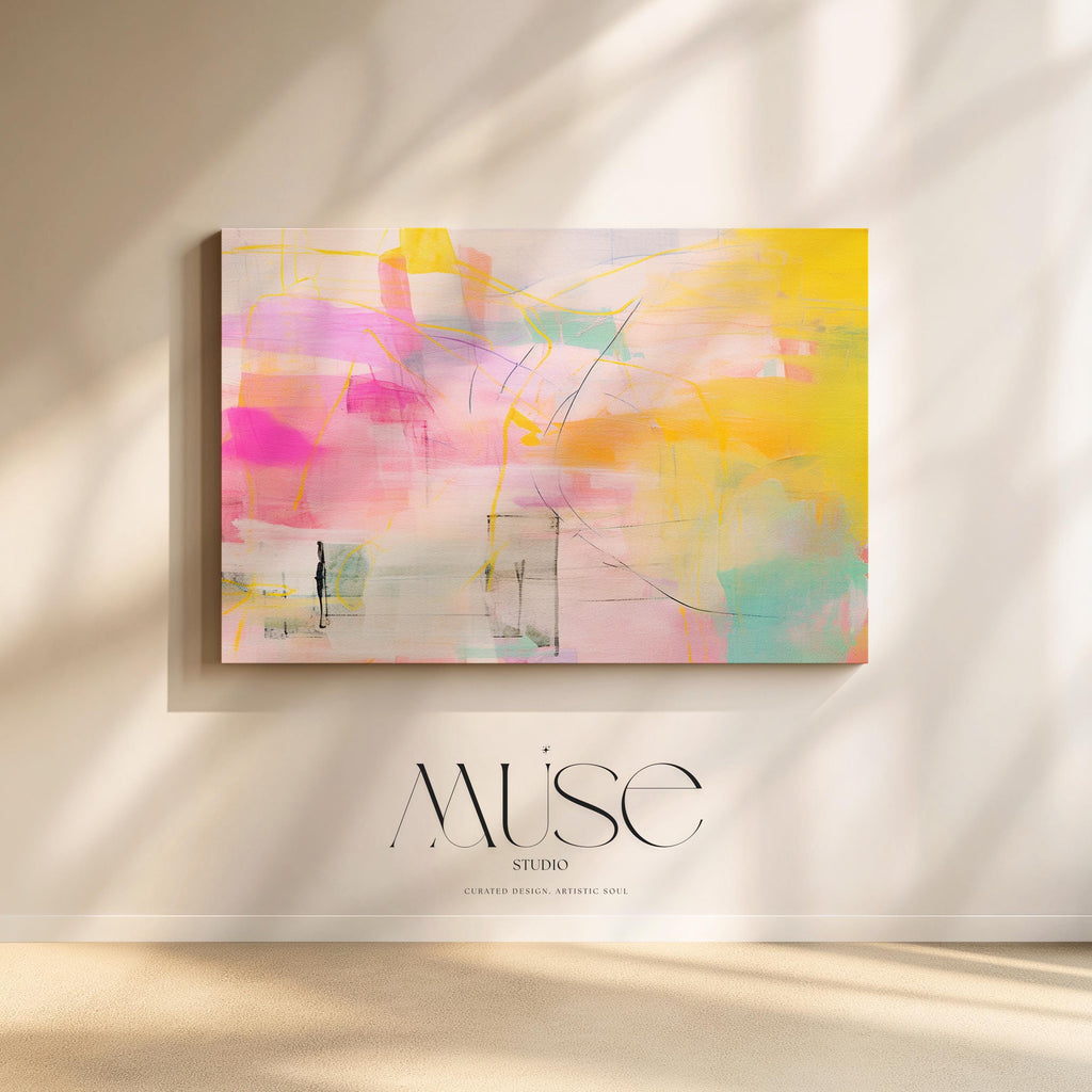 Stretched Canvas Art Large abstract wall decor on stretched canvas, gallery-wrapped and ready to hang. Perfect for colorful wall art in living rooms, office spaces, and design projects. Giclée canvas print with bold brushwork and vibrant modern style for impactful home decor. Muse Studio Decor Art. Bold Pastel Abstract Canvas Wall Art in Yellow Pink and Aqua Dopamine Decor Horizontal Large Art for Living Room or Creative Office AURORA_002