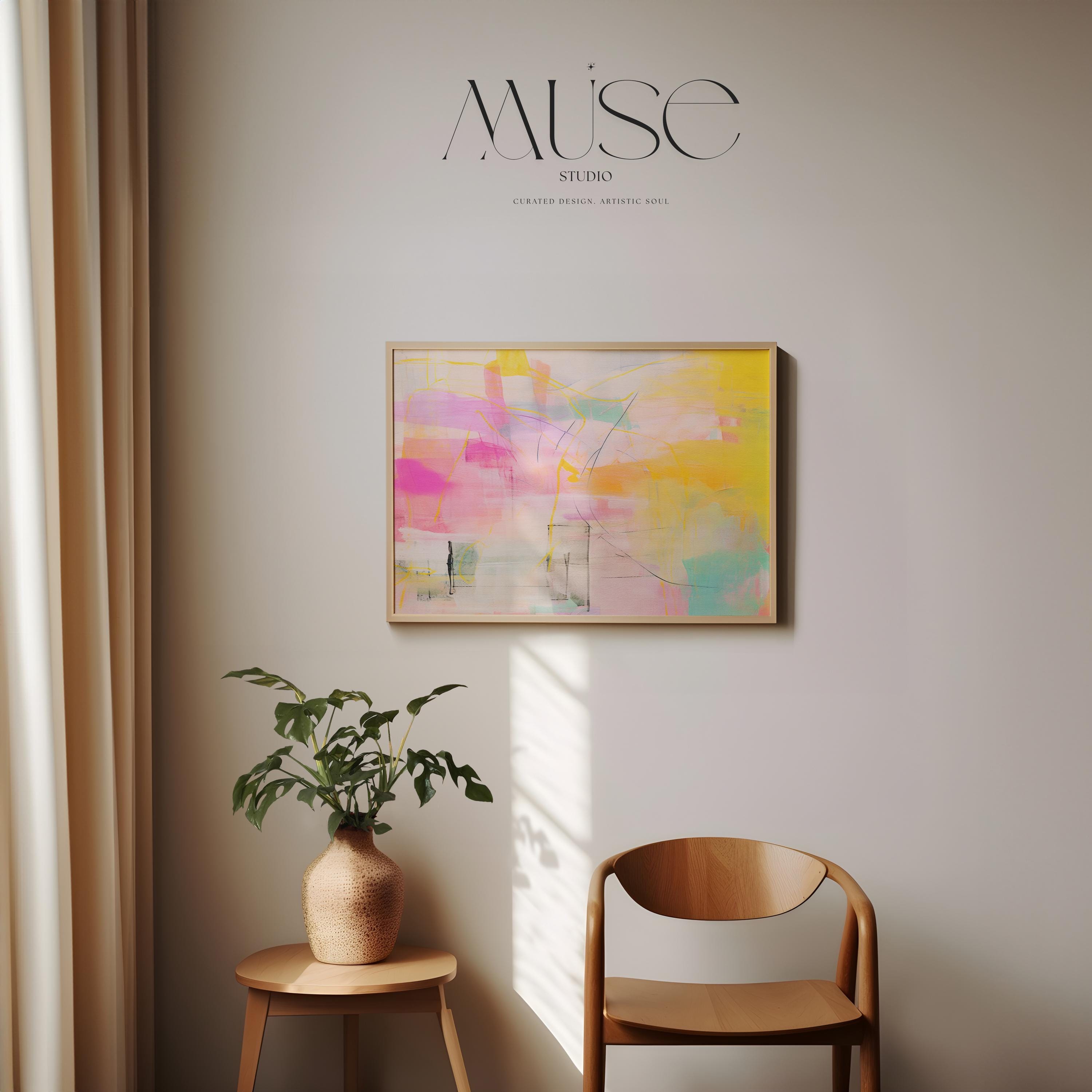 Abstract Art Print Soft Pastel in Pink Yellow Aqua and Orange Retro Retro Decor Art Horizontal Colorful Wall Art for Office Home 031