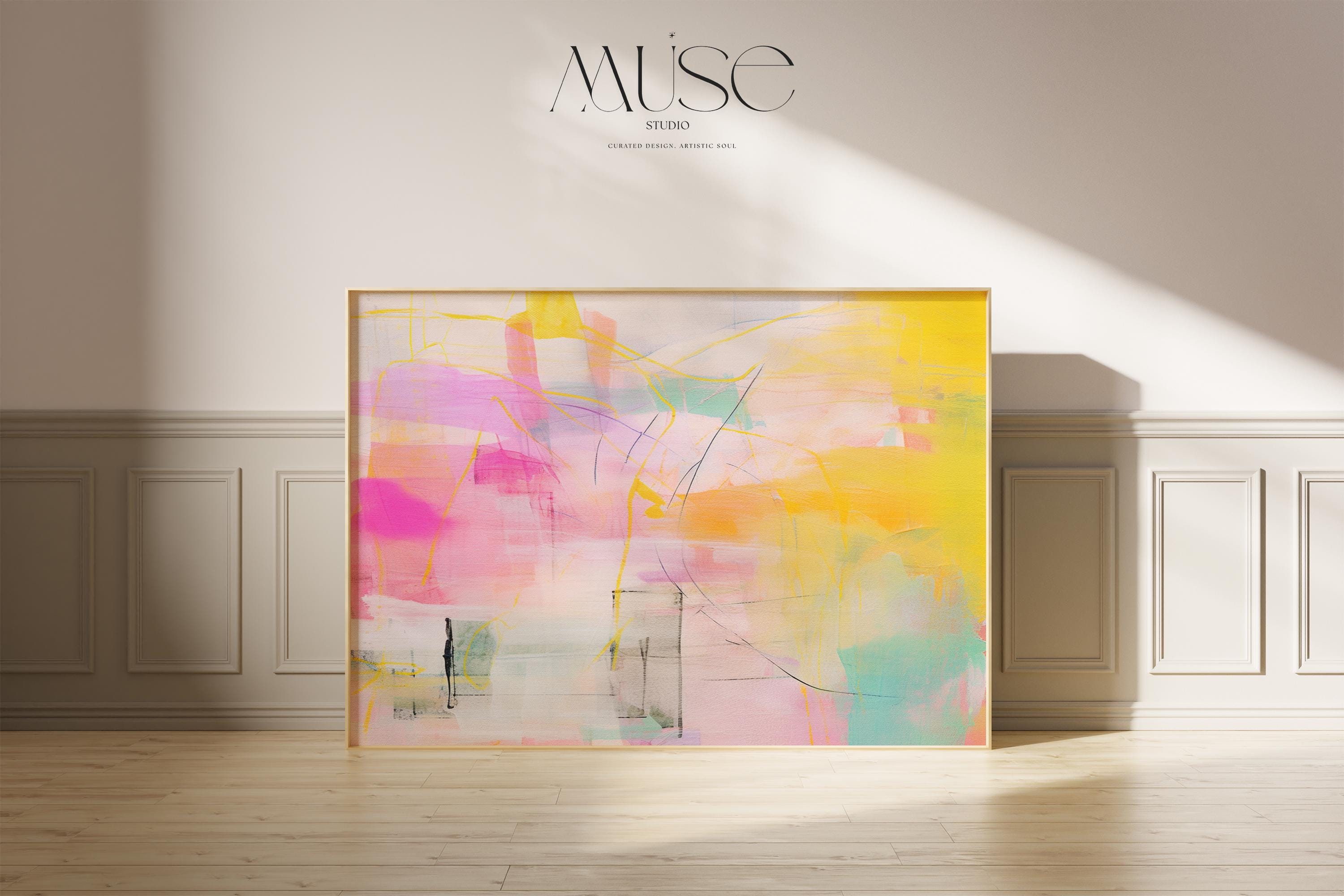 Abstract Art Print Soft Pastel in Pink Yellow Aqua and Orange Retro Retro Decor Art Horizontal Colorful Wall Art for Office Home 031