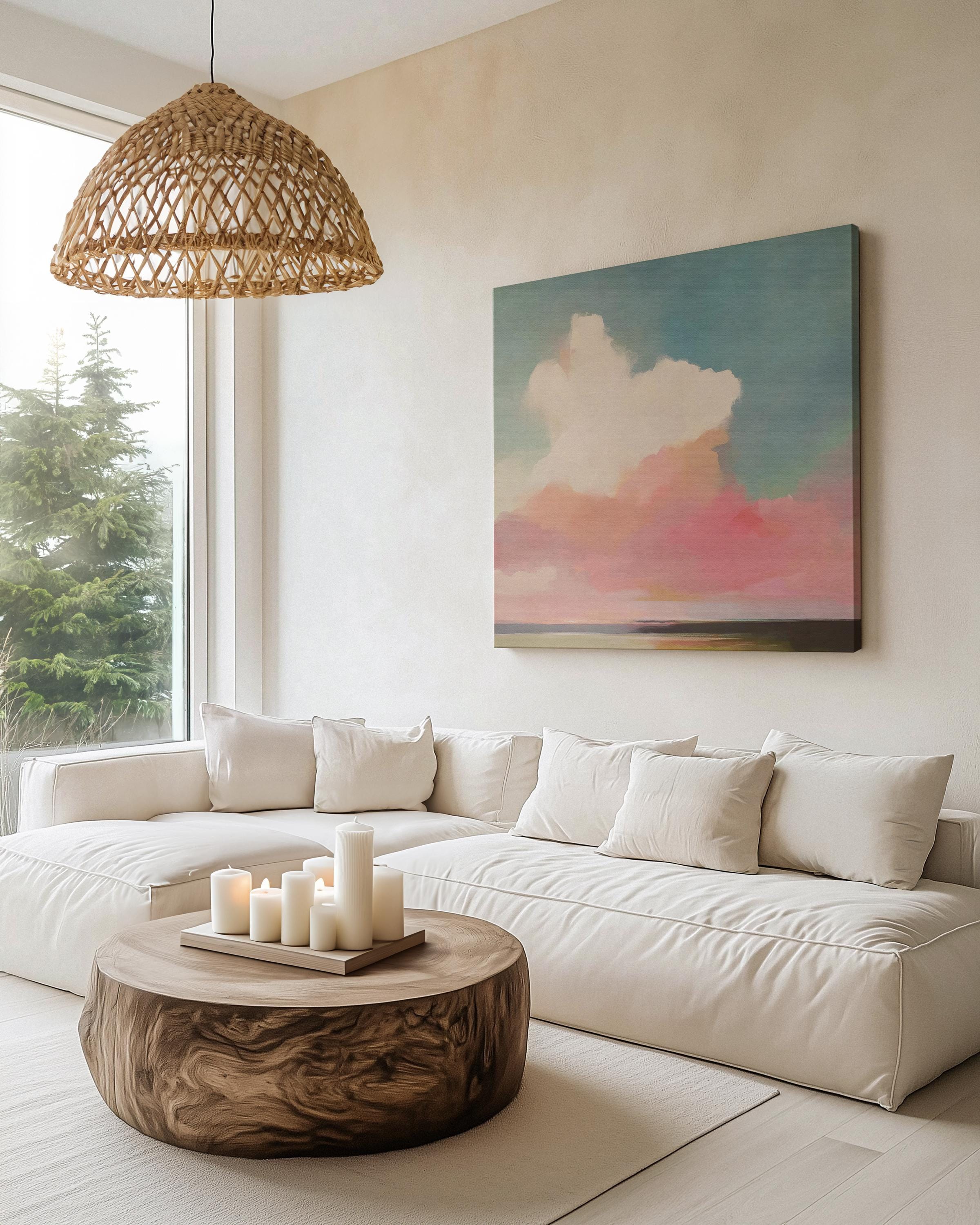 Large Canvas Wall Art Pastel Sky Abstract Cloud Painting Soft Pink Blue Landscape for Bedroom Spa or Coastal Room Decor 467