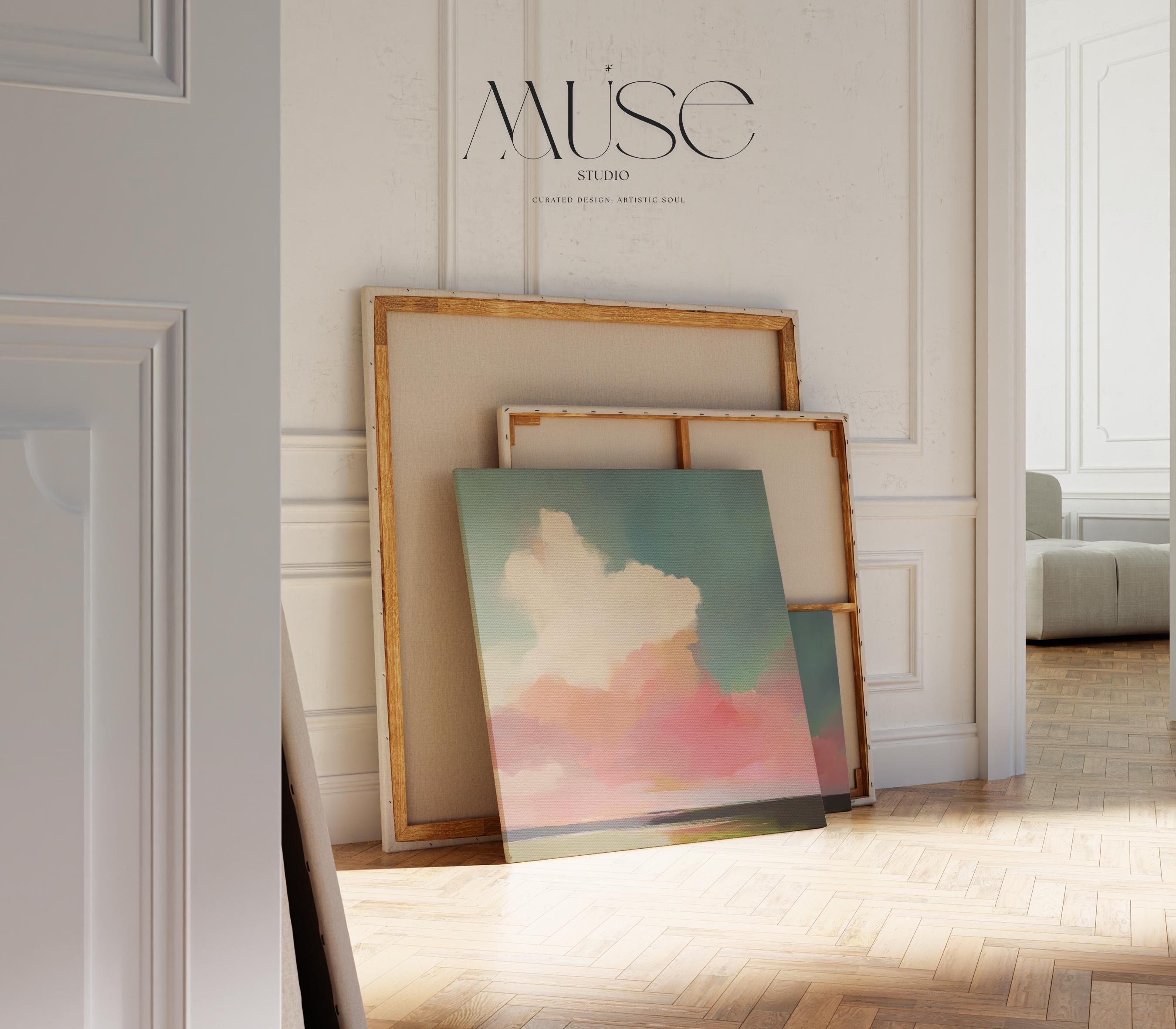 Large Canvas Wall Art Pastel Sky Abstract Cloud Painting Soft Pink Blue Landscape for Bedroom Spa or Coastal Room Decor 467