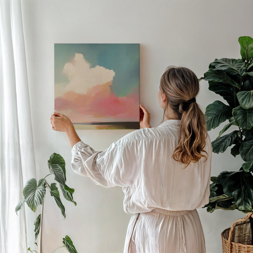 Large Canvas Wall Art Pastel Sky Abstract Cloud Painting Soft Pink Blue Landscape for Bedroom Spa or Coastal Room Decor 467