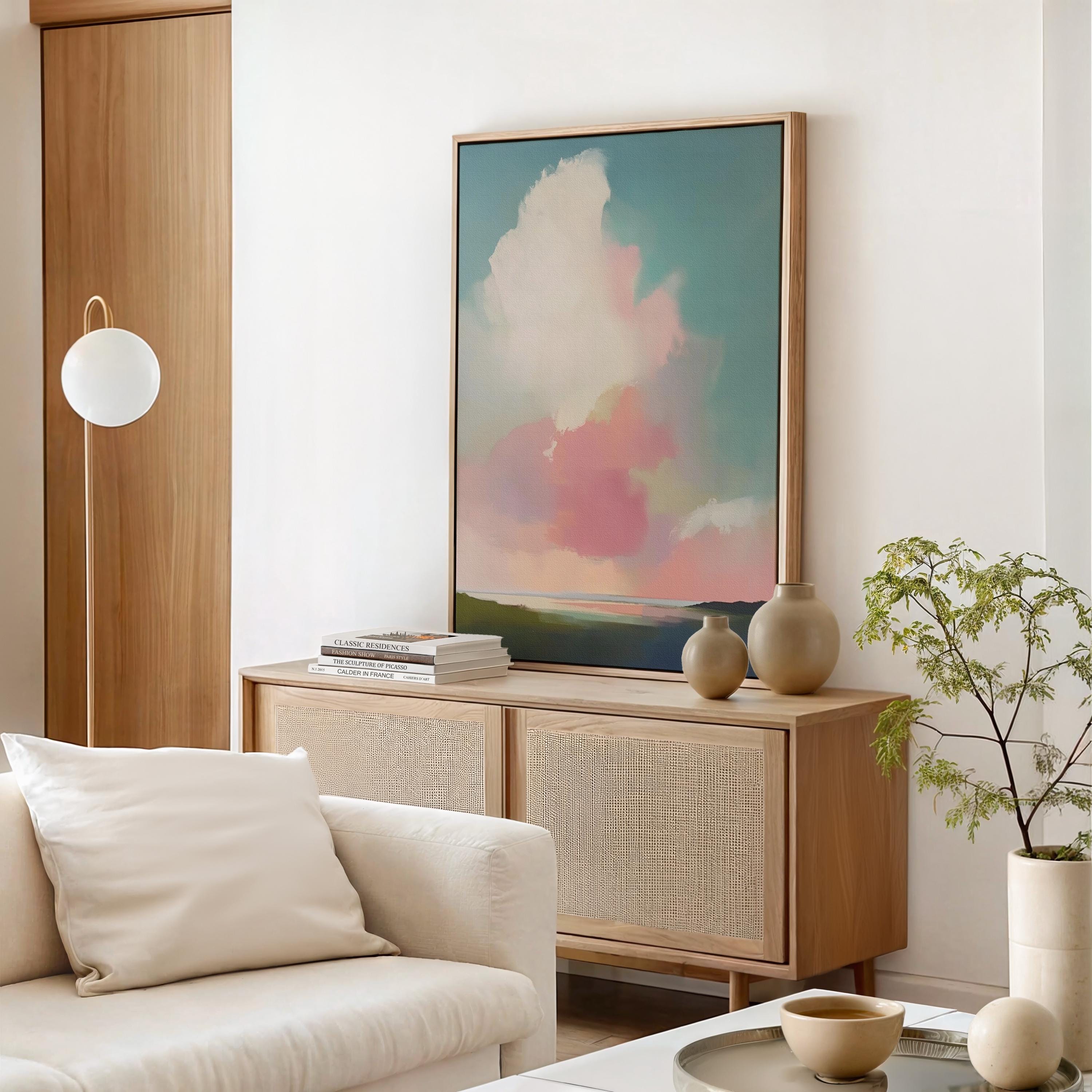 Framed Wall Art Pastel Cloudscape Abstract Pink Blue Painting for Bedroom Living Room Spa Decor Soft Sky Modern Art Print 468