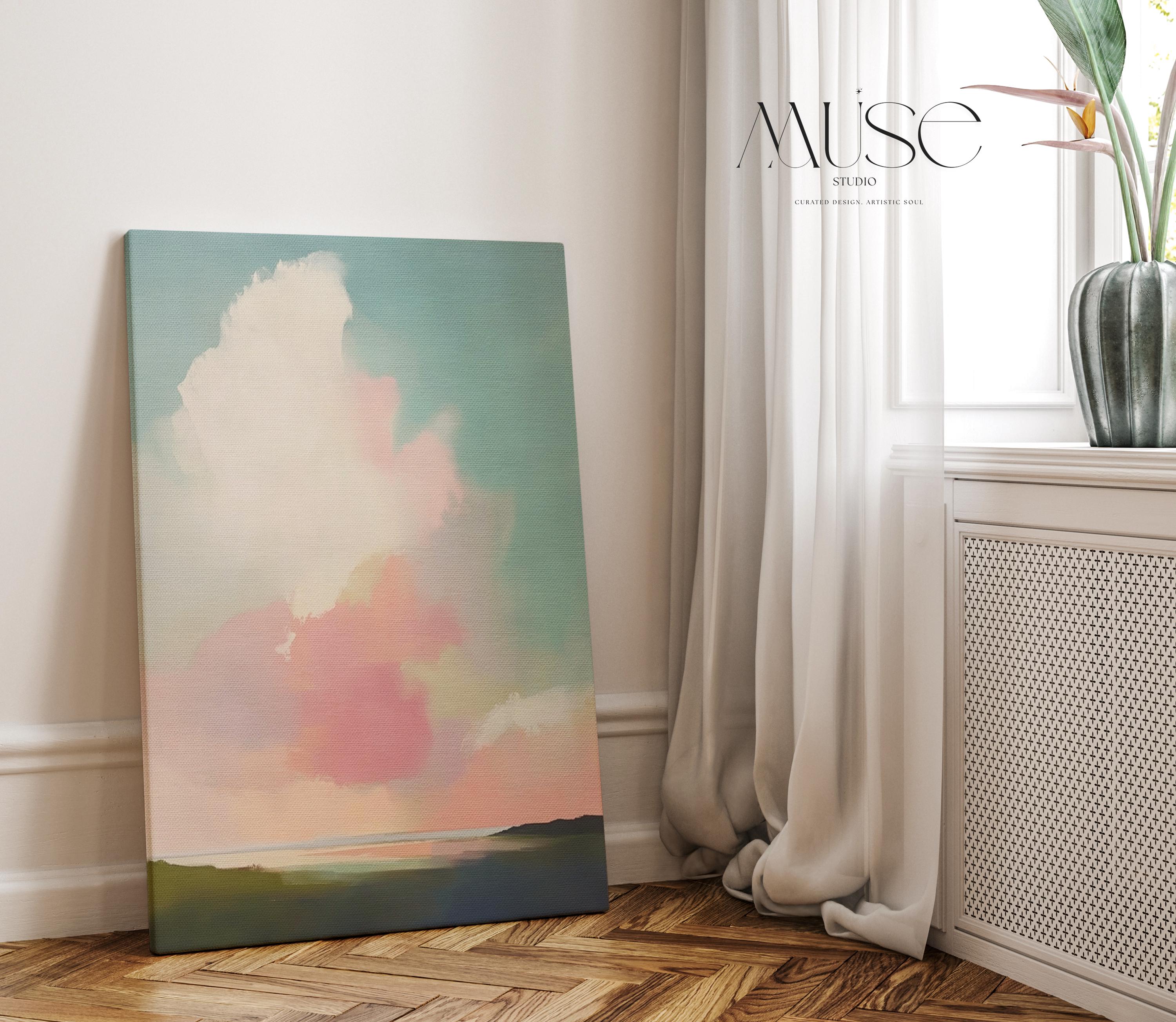 Large Canvas Wall Art Pink Blue Abstract Cloudscape Vertical Pastel Sky Painting for Bedroom or Living Room Soft Mnimalist Decor 468