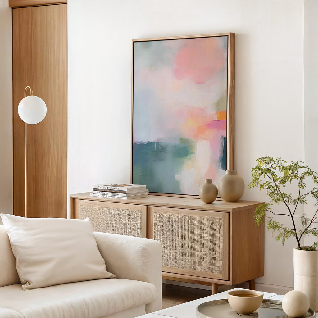 Pastel Abstract Canvas Wall Art Pink Blue Orange Vertical Painting for Living Room Soft Contemporary Decor Large Framed Artwork 469