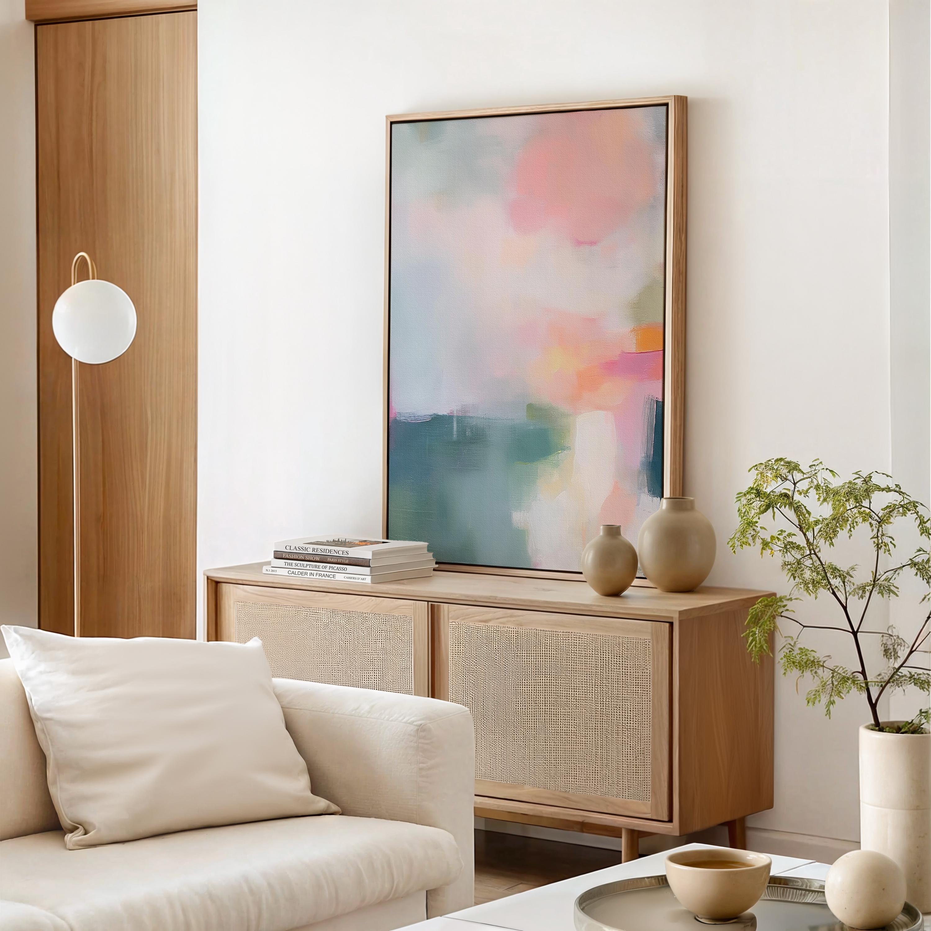Pastel Abstract Canvas Wall Art Pink Blue Orange Vertical Painting for Living Room Soft Contemporary Decor Large Framed Artwork 469