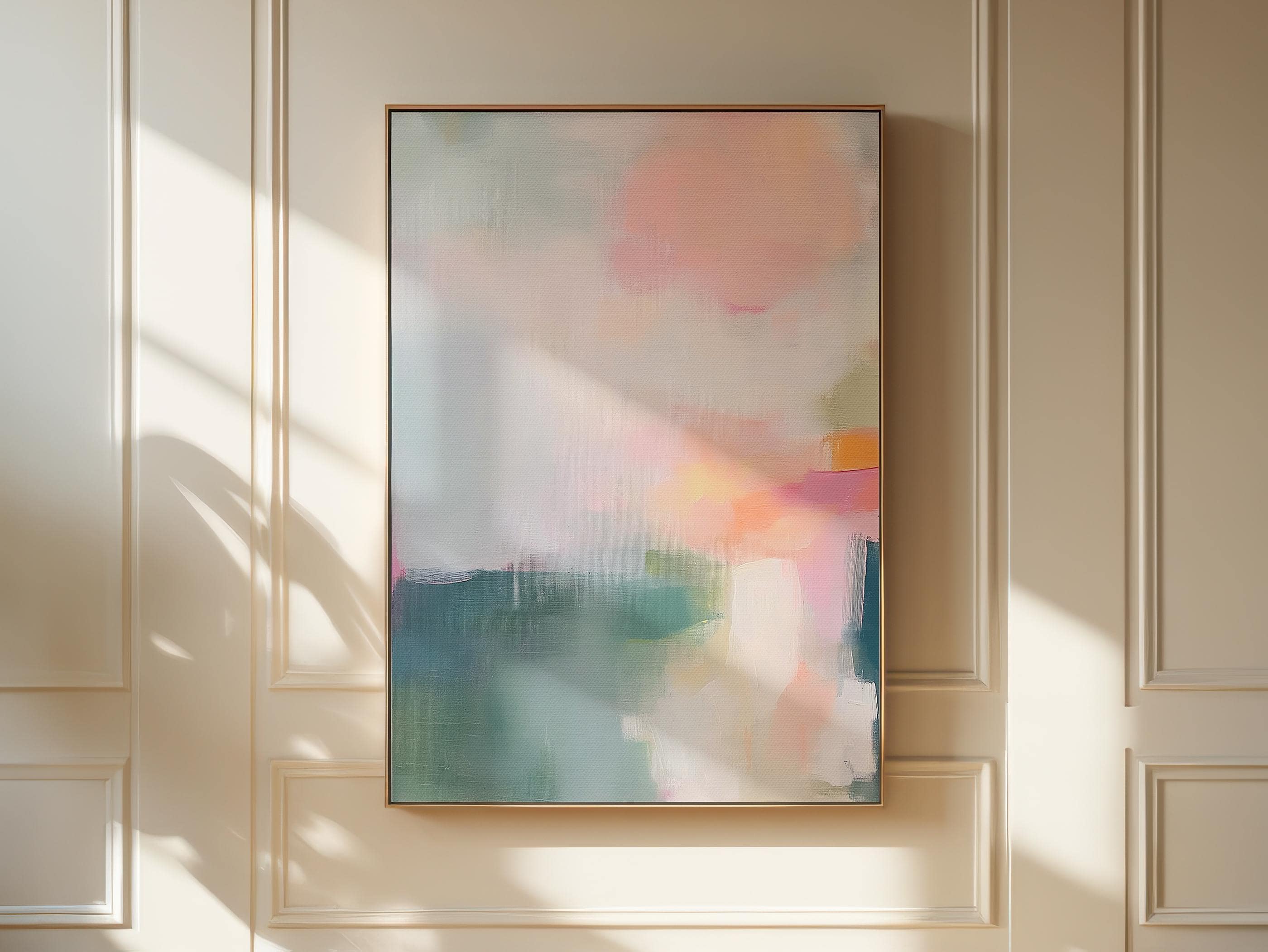 Pastel Abstract Canvas Wall Art Pink Blue Orange Vertical Painting for Living Room Soft Contemporary Decor Large Framed Artwork 469