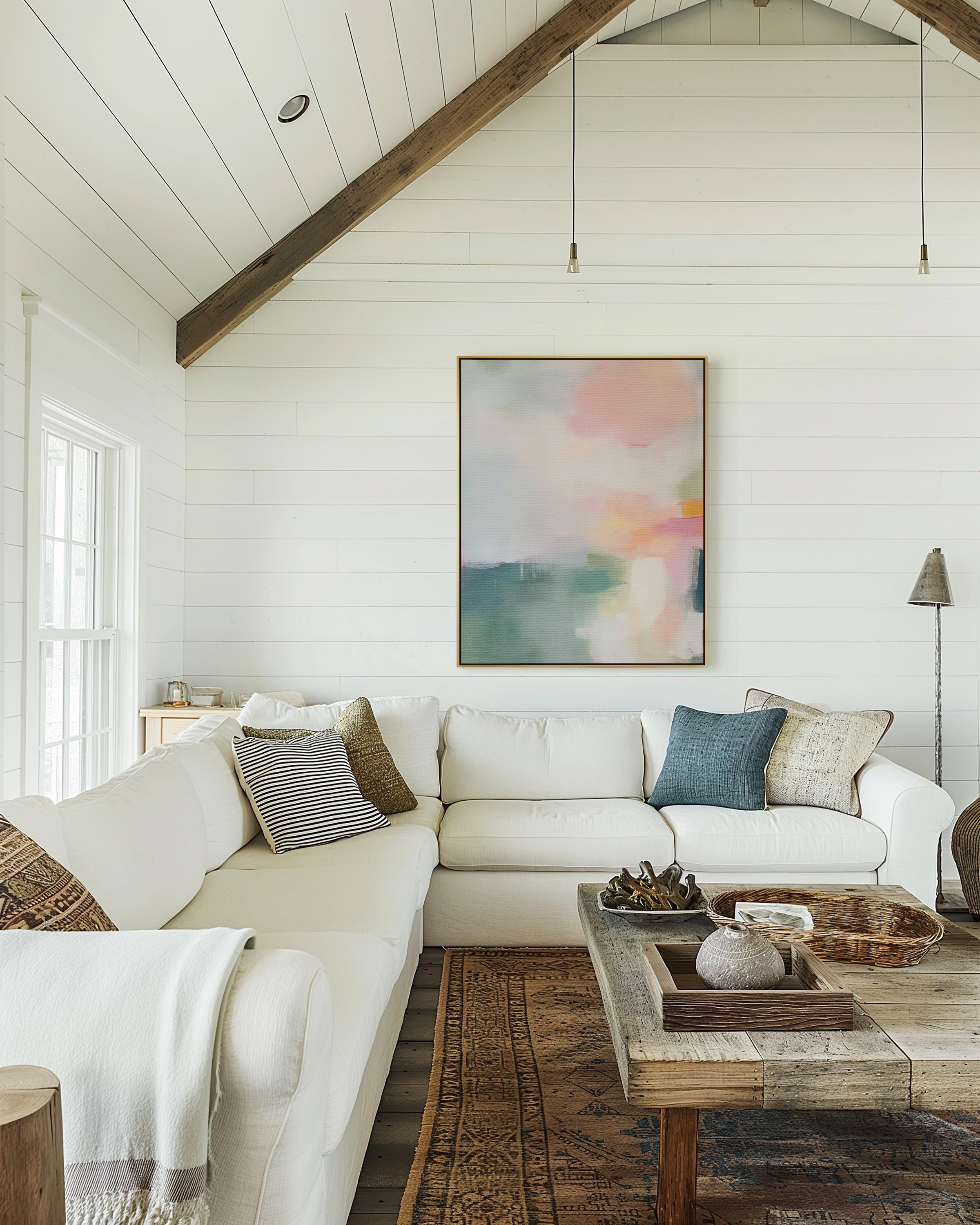 Pastel Abstract Canvas Wall Art Pink Blue Orange Vertical Painting for Living Room Soft Contemporary Decor Large Framed Artwork 469