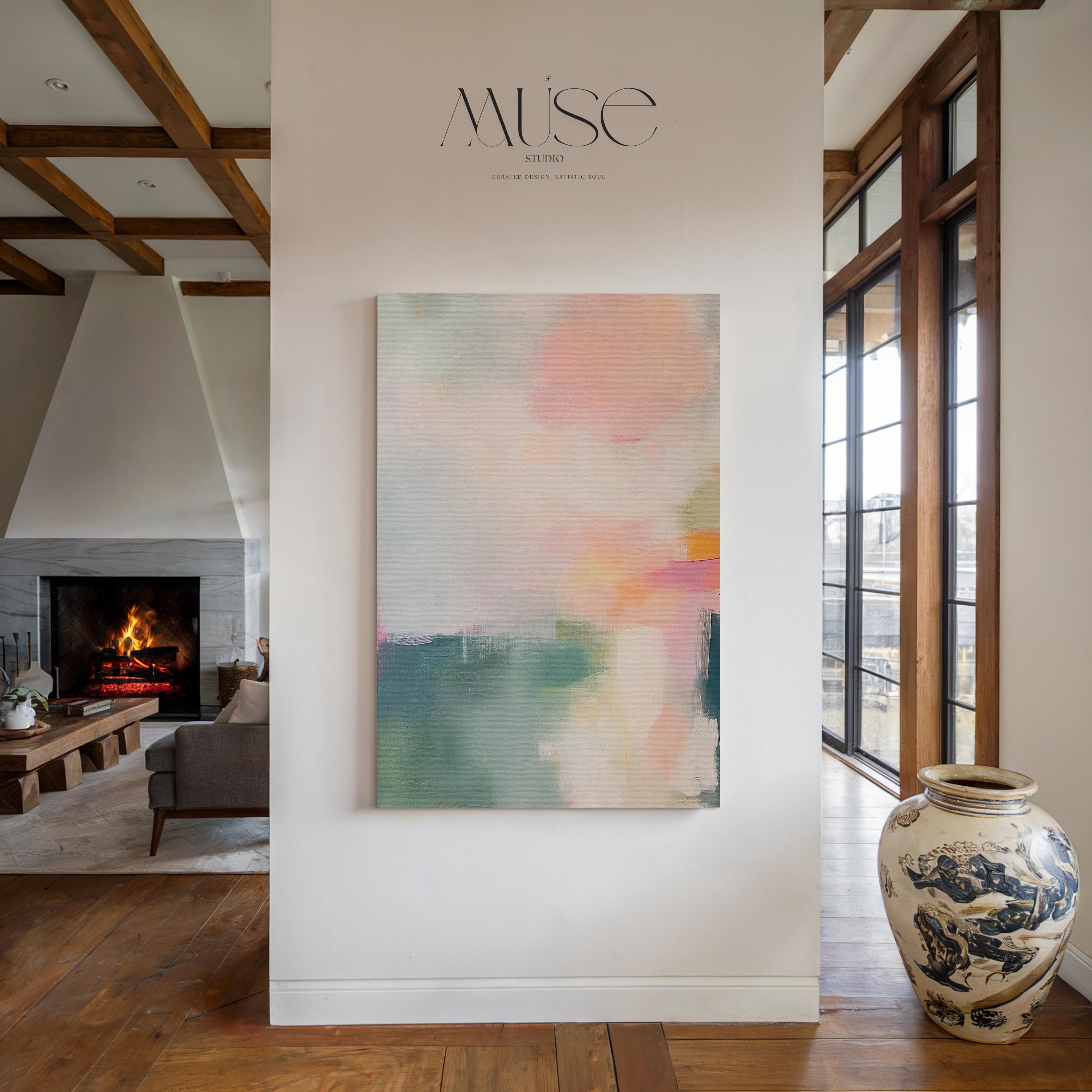 Soft Abstract Canvas Wall Art Blush Pink Teal Vertical Painting Warm Minimalist Decor Boho Modern Art for Bedroom or Office 469