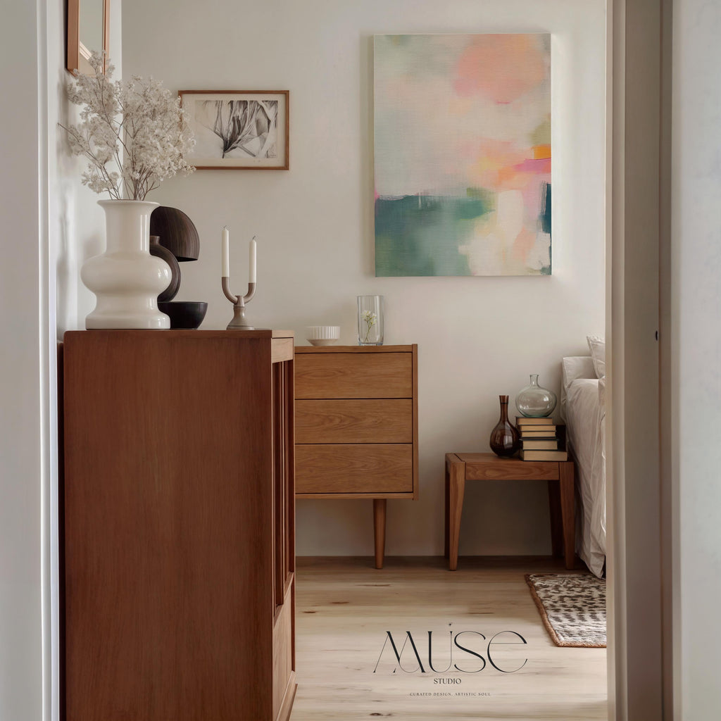 Soft Abstract Canvas Wall Art Blush Pink Teal Vertical Painting Warm Minimalist Decor Boho Modern Art for Bedroom or Office 469 Stretched Canvas Art Large abstract wall decor on stretched canvas, gallery-wrapped and ready to hang. Perfect for colorful wall art in living rooms, office spaces, and design projects. Giclée canvas print with bold brushwork and vibrant modern style for impactful home decor. Muse Studio Decor Art.