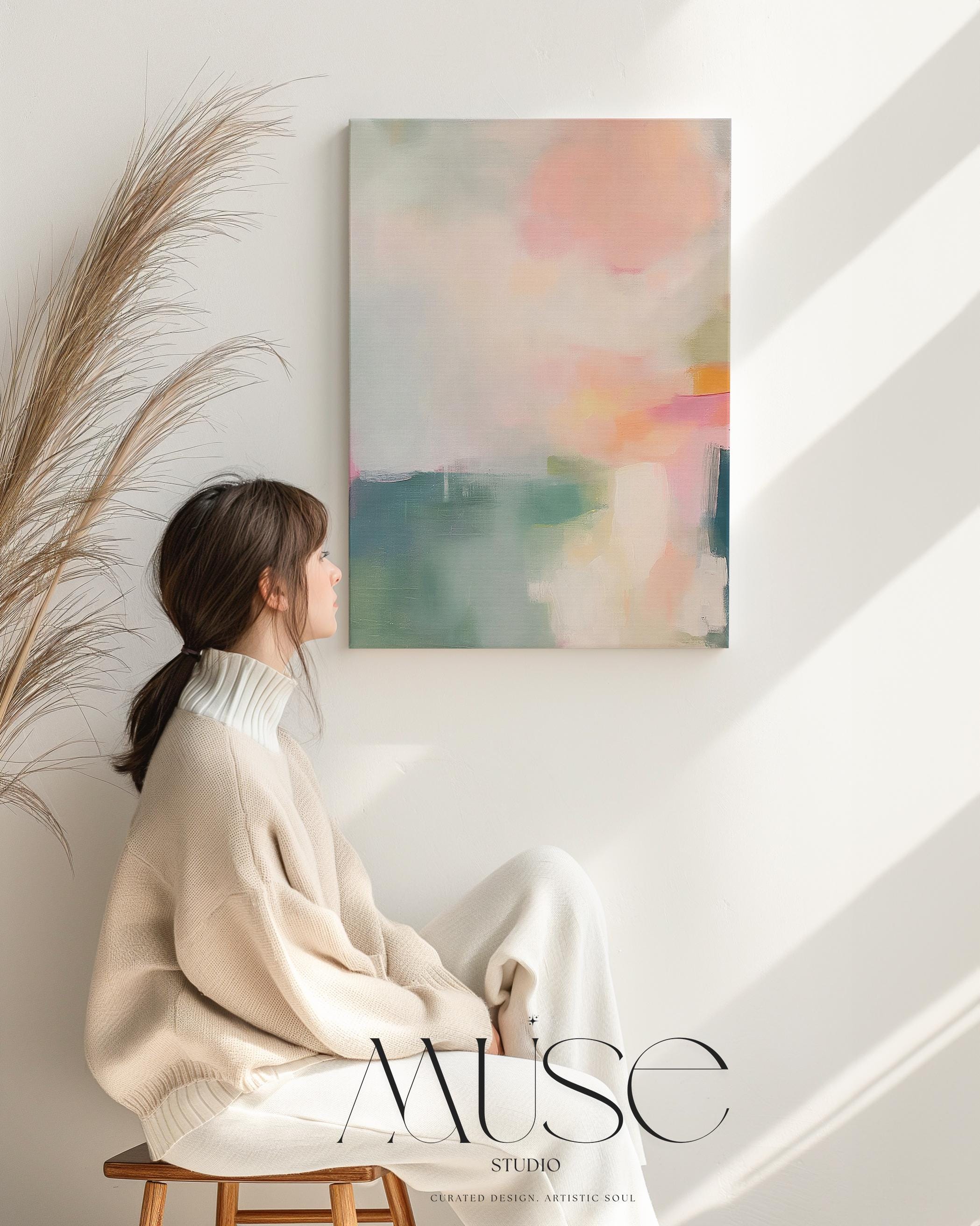 Soft Abstract Canvas Wall Art Blush Pink Teal Vertical Painting Warm Minimalist Decor Boho Modern Art for Bedroom or Office 469 Stretched Canvas Art Large abstract wall decor on stretched canvas, gallery-wrapped and ready to hang. Perfect for colorful wall art in living rooms, office spaces, and design projects. Giclée canvas print with bold brushwork and vibrant modern style for impactful home decor. Muse Studio Decor Art.