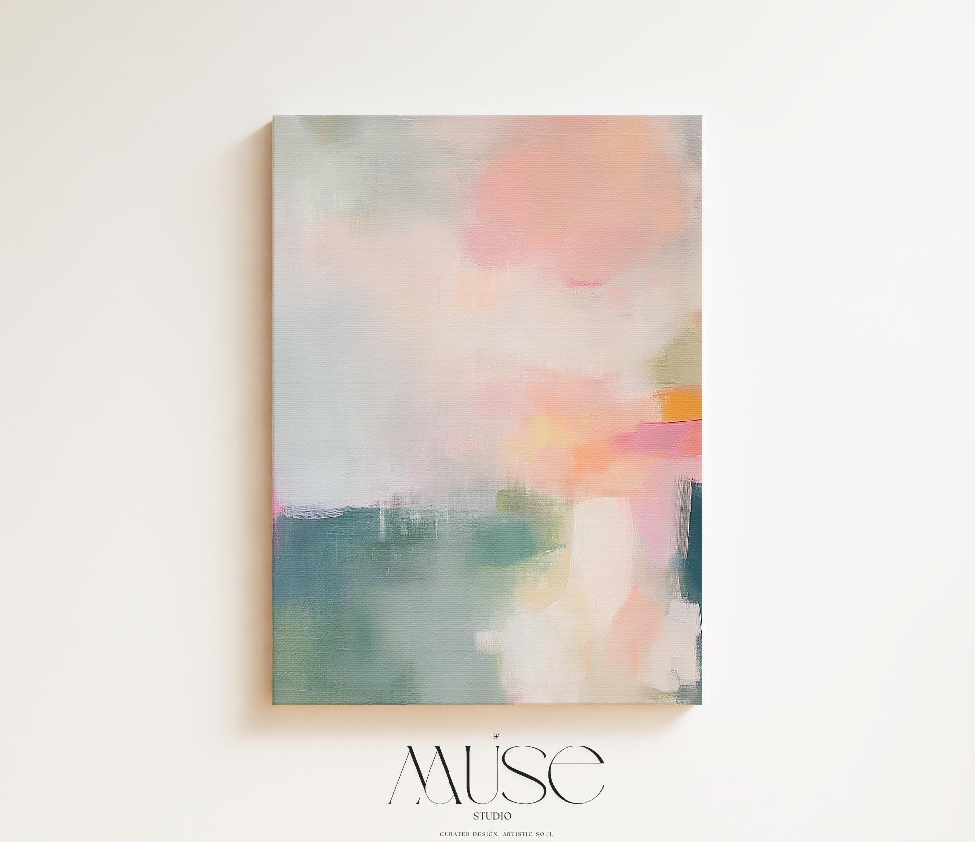 Soft Abstract Canvas Wall Art Blush Pink Teal Vertical Painting Warm Minimalist Decor Boho Modern Art for Bedroom or Office 469 Stretched Canvas Art Large abstract wall decor on stretched canvas, gallery-wrapped and ready to hang. Perfect for colorful wall art in living rooms, office spaces, and design projects. Giclée canvas print with bold brushwork and vibrant modern style for impactful home decor. Muse Studio Decor Art.