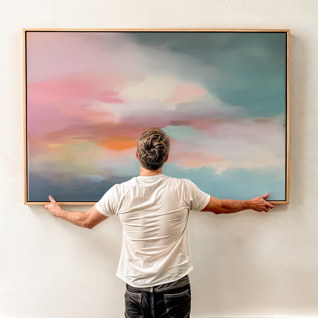 Above Bed Soft Sky Wall Art Pink Teal Abstract Painting Framed Canvas Horizontal Pastel Landscape for Bedroom Living Room Serene Decor 470