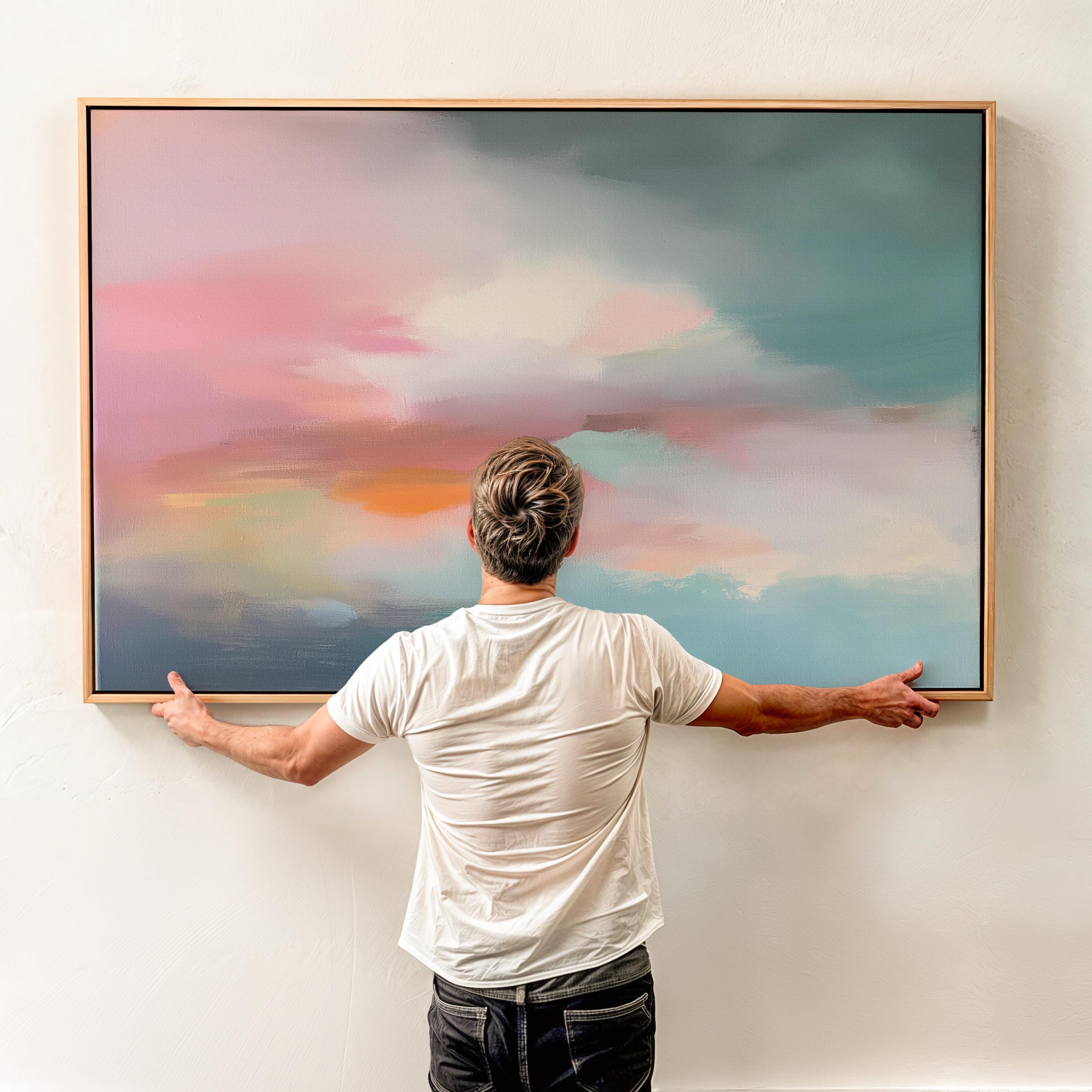 Above Bed Soft Sky Wall Art Pink Teal Abstract Painting Framed Canvas Horizontal Pastel Landscape for Bedroom Living Room Serene Decor 470