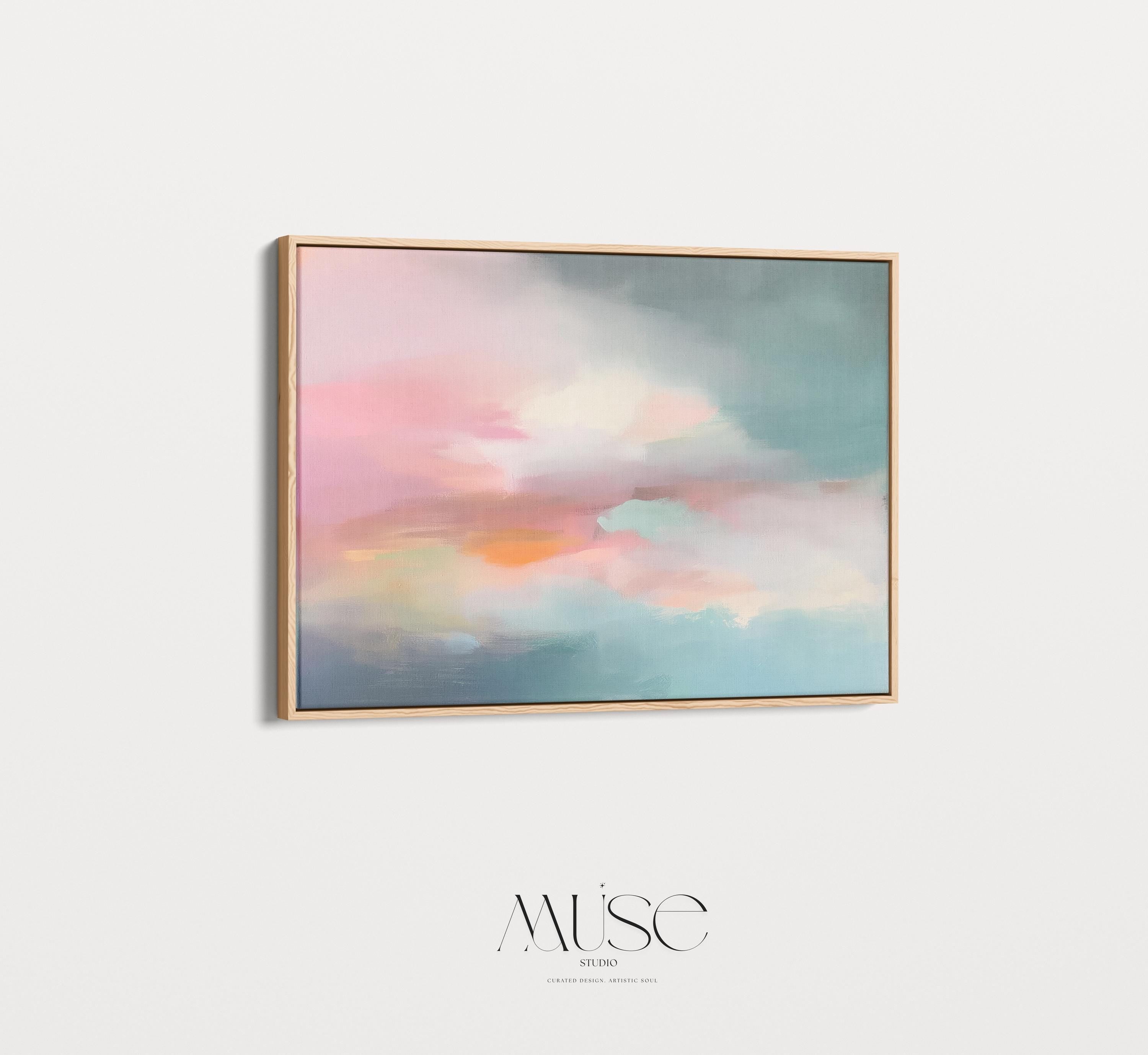 Above Bed Soft Sky Wall Art Pink Teal Abstract Painting Framed Canvas Horizontal Pastel Landscape for Bedroom Living Room Serene Decor 470