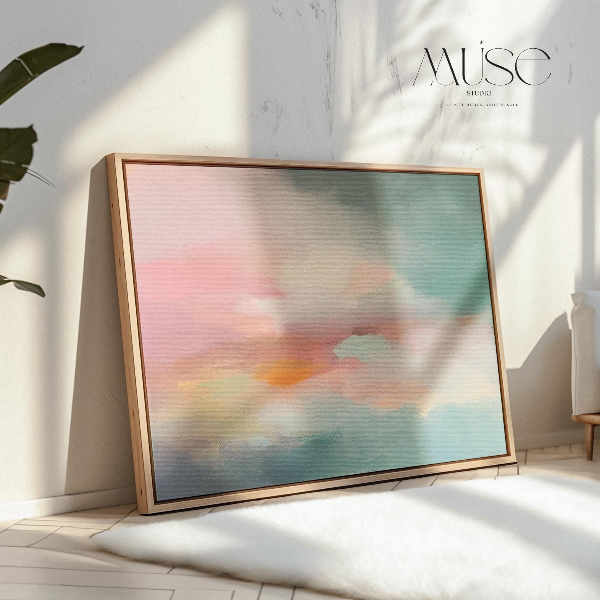 Above Bed Soft Sky Wall Art Pink Teal Abstract Painting Framed Canvas Horizontal Pastel Landscape for Bedroom Living Room Serene Decor 470