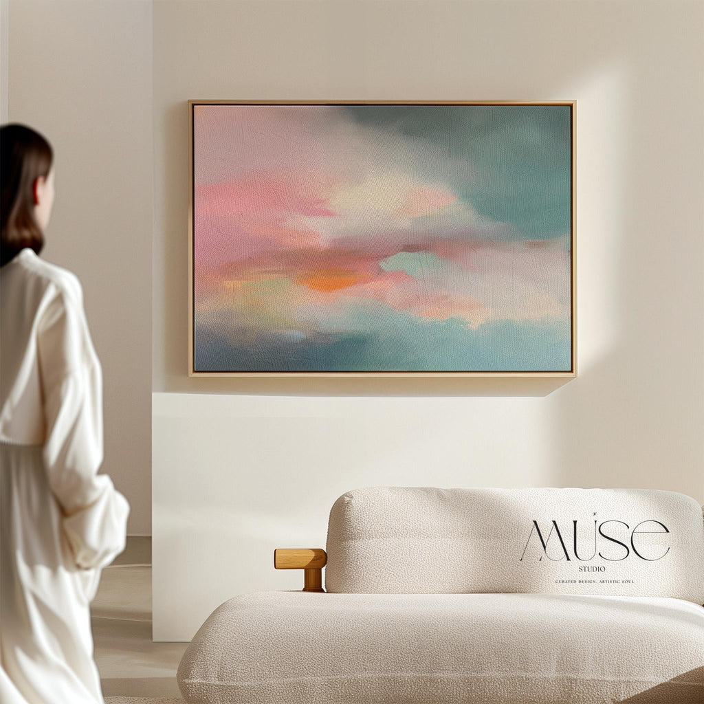 Above Bed Soft Sky Wall Art Pink Teal Abstract Painting Framed Canvas Horizontal Pastel Landscape for Bedroom Living Room Serene Decor 470 Framed Canvas Art Colorful abstract wall art on framed canvas, perfect for bold decor art and modern wall decor. Large statement piece with expressive brushstrokes and rich textures. Ready-to-hang giclée canvas designed to energize living rooms, offices, bedrooms and curated interiors. Muse Studio Decor Art.