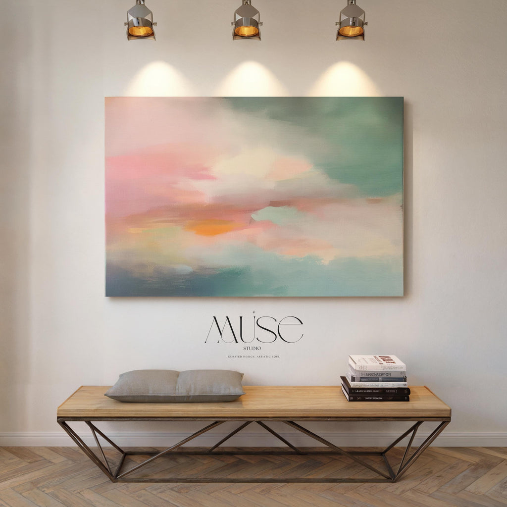 Soft Pink Teal Horizon Canvas Wall Art Abstract Cloud Landscape Horizontal Large Pastel Painting for Bedroom Living Room Modern Decor 470