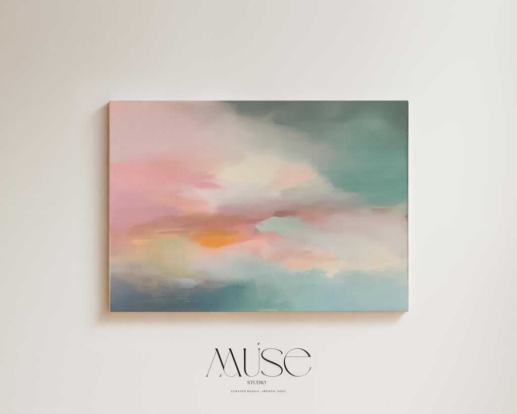 Soft Pink Teal Horizon Canvas Wall Art Abstract Cloud Landscape Horizontal Large Pastel Painting for Bedroom Living Room Modern Decor 470