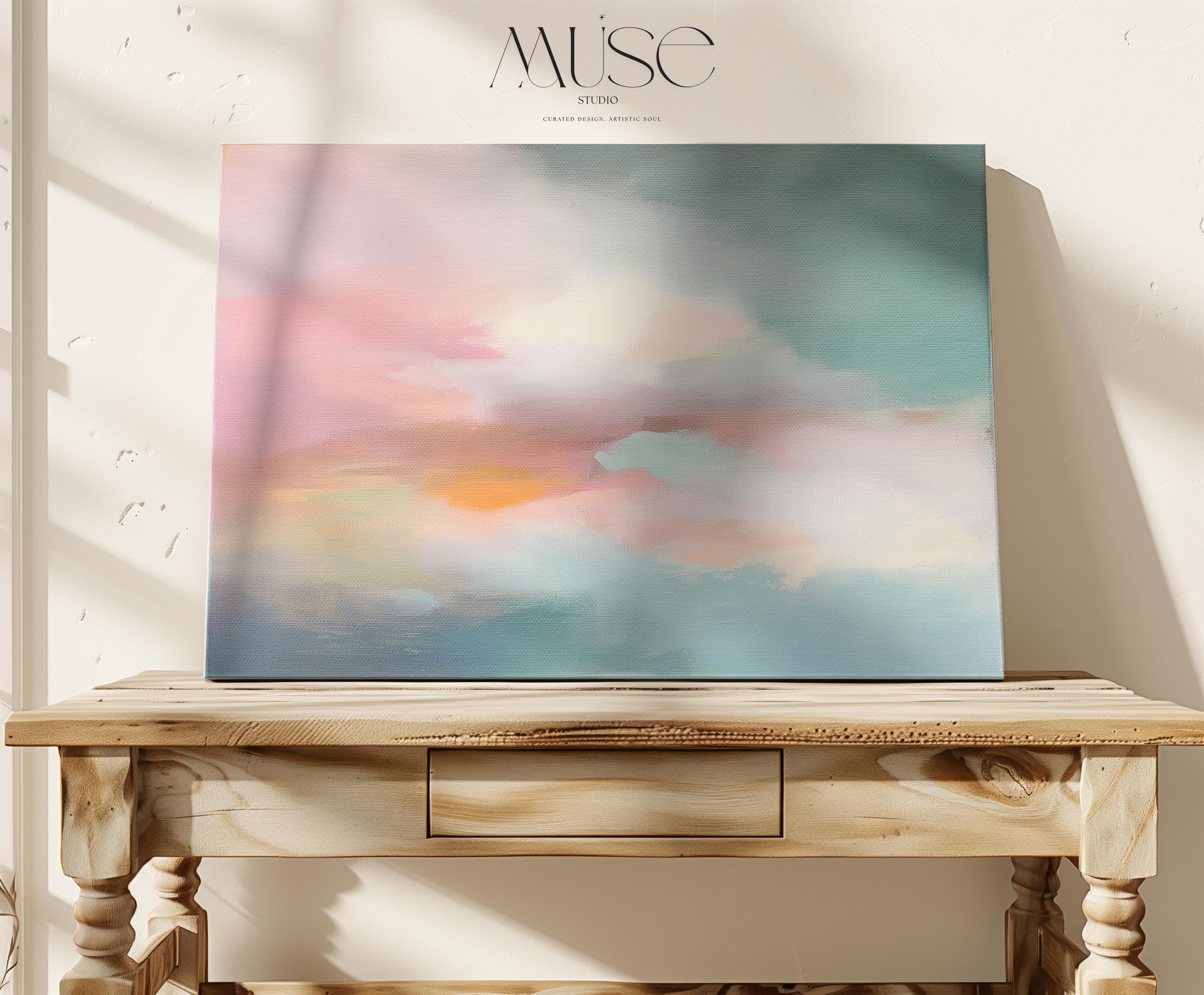 Soft Pink Teal Horizon Canvas Wall Art Abstract Cloud Landscape Horizontal Large Pastel Painting for Bedroom Living Room Modern Decor 470