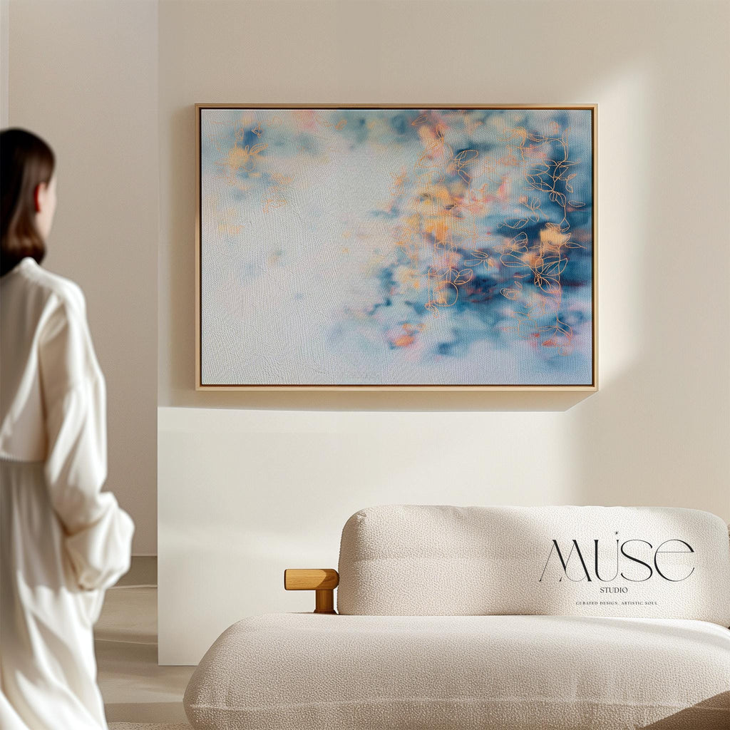 Above Bed Soft Blue Abstract Canvas Wall Art Modern Botanical Painting Blush Orange Cloud Style Large Framed Horizontal Decor Art 473