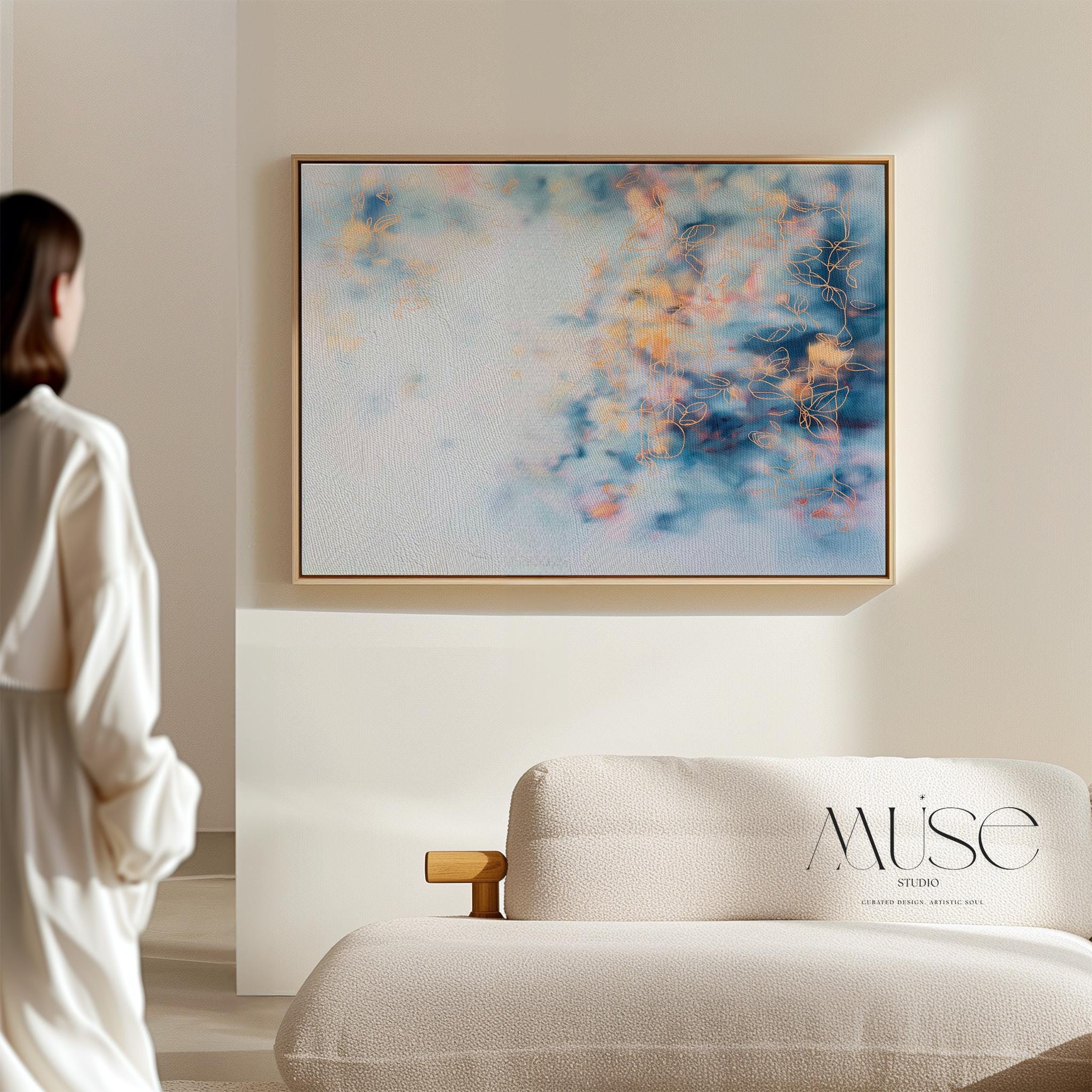 Above Bed Soft Blue Abstract Canvas Wall Art Modern Botanical Painting Blush Orange Cloud Style Large Framed Horizontal Decor Art 473