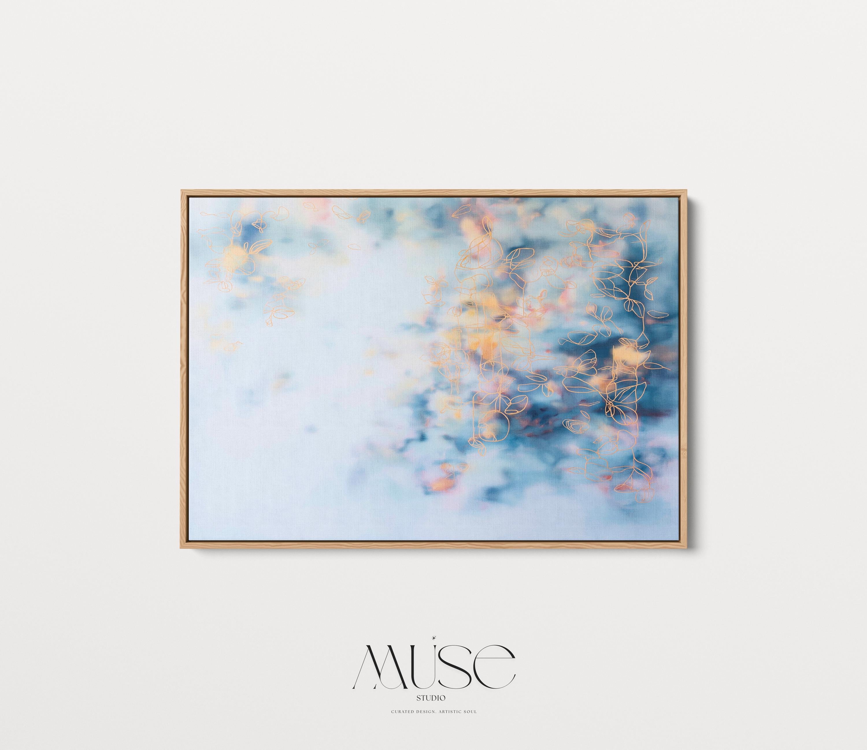 Above Bed Soft Blue Abstract Canvas Wall Art Modern Botanical Painting Blush Orange Cloud Style Large Framed Horizontal Decor Art 473