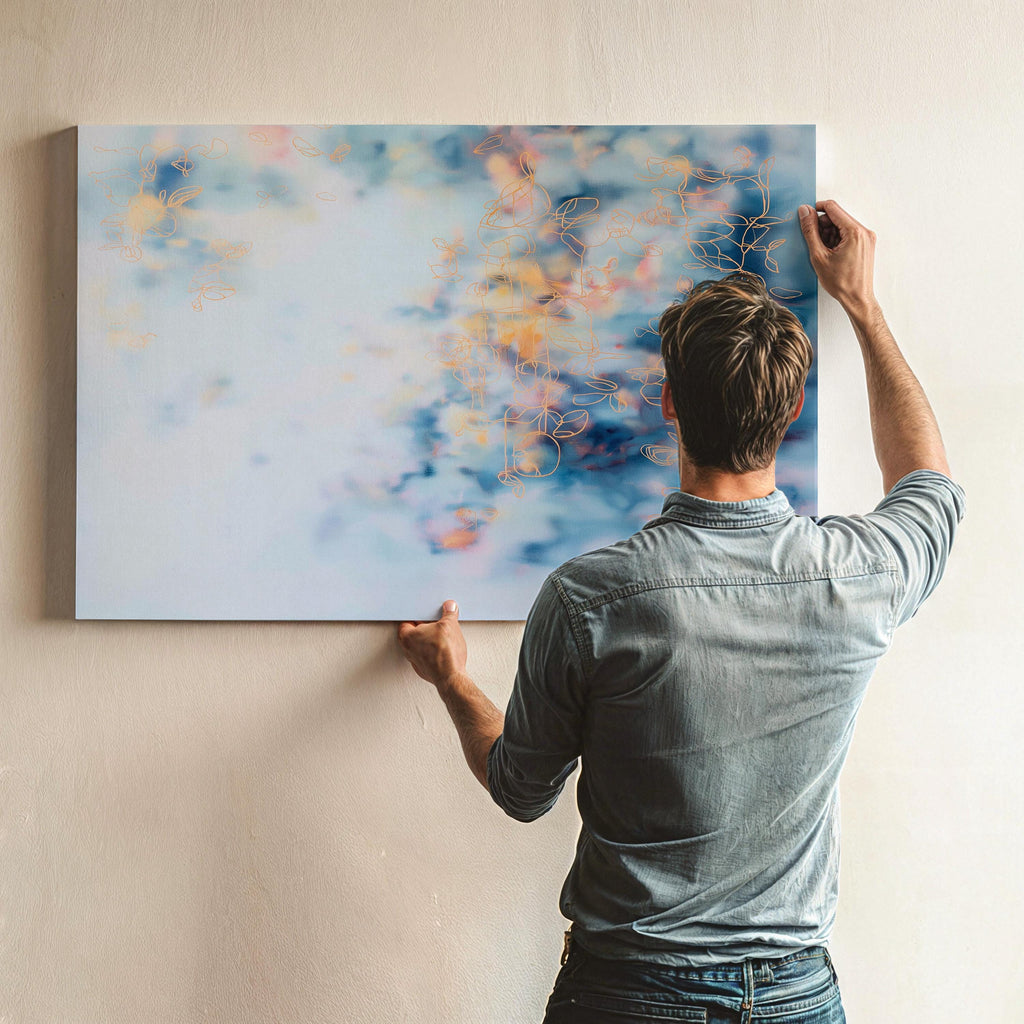 Soft Blue Abstract Wall Art Botanical Canvas Painting Large Horizontal Decor Art Blush and Orange Framed Cloud Style for Living Room 473