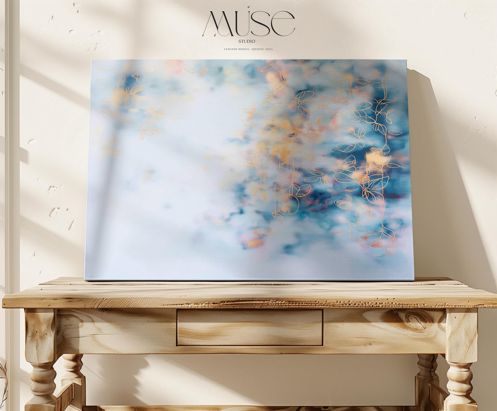 Soft Blue Abstract Wall Art Botanical Canvas Painting Large Horizontal Decor Art Blush and Orange Framed Cloud Style for Living Room 473