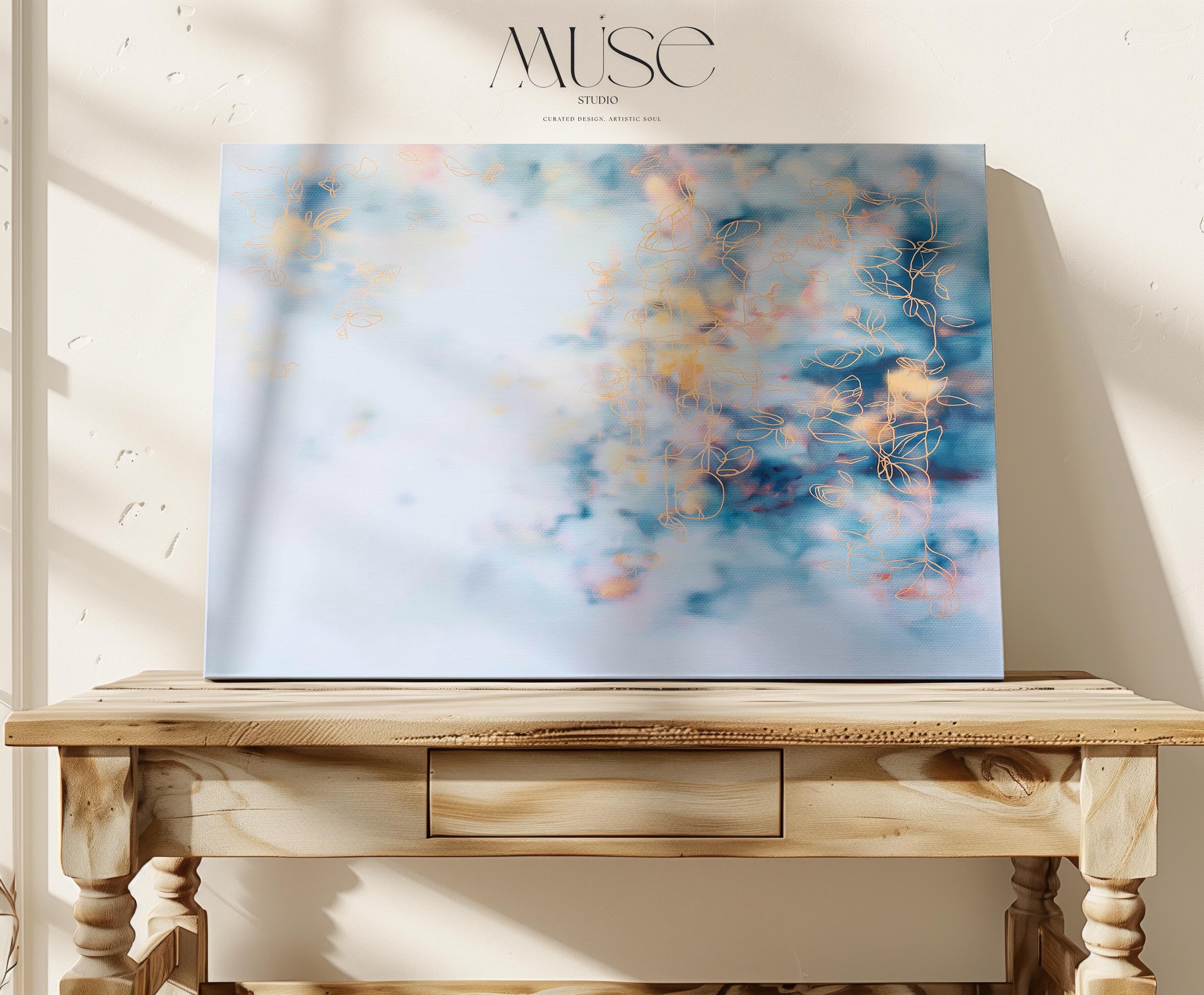 Soft Blue Abstract Wall Art Botanical Canvas Painting Large Horizontal Decor Art Blush and Orange Framed Cloud Style for Living Room 473