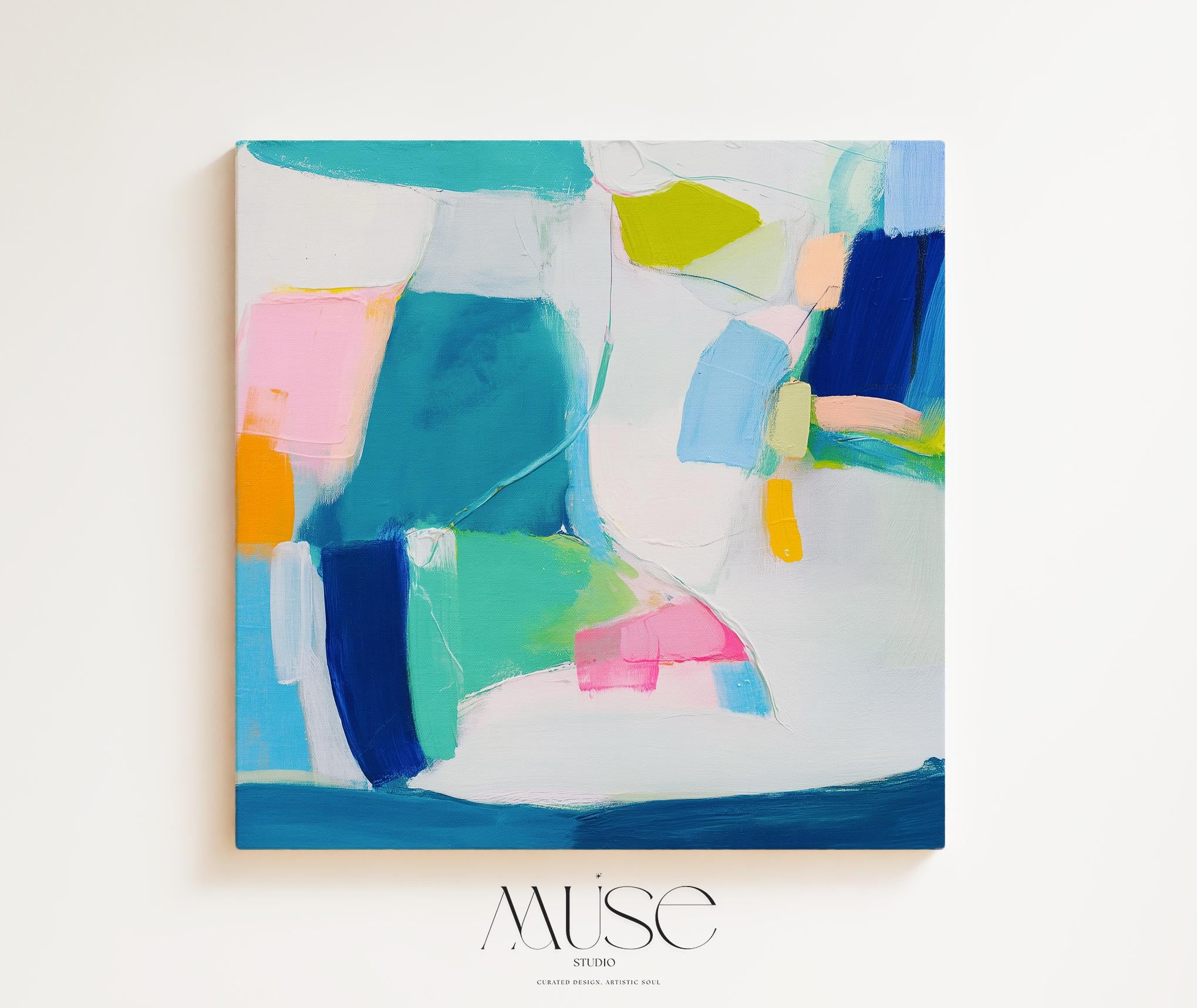 Abstract Color Block Canvas Art in Aqua Pink and Blue – Large Square Modern Wall Art for Living Room or Above Bed – Bold Decor | 478