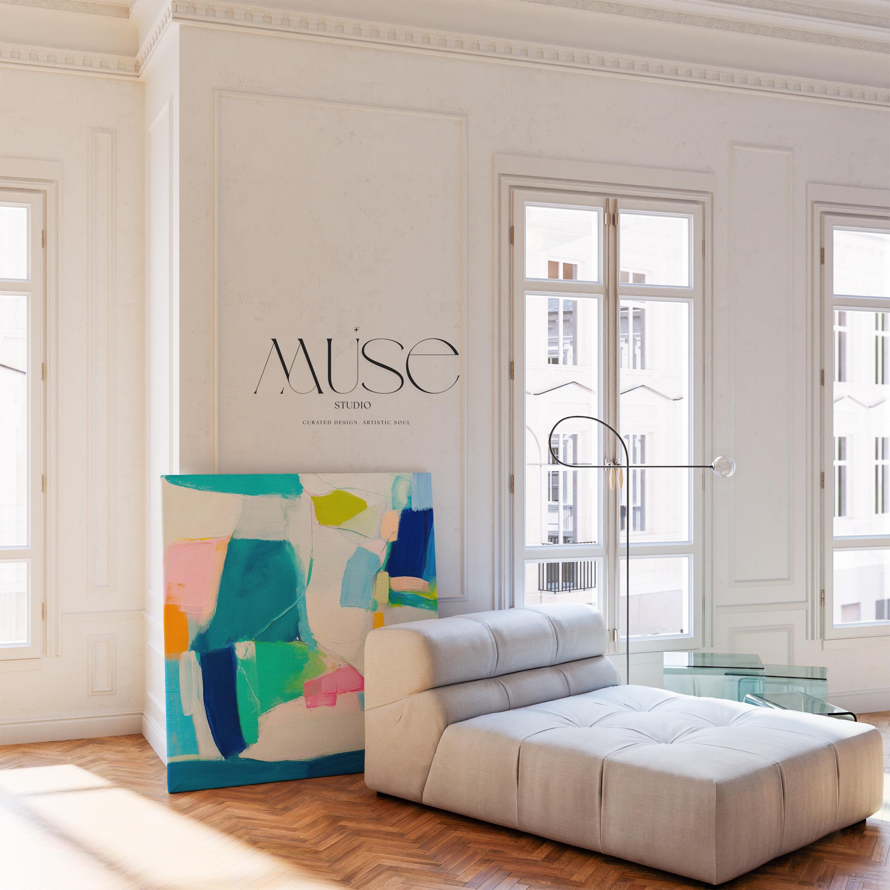 Abstract Color Block Canvas Art in Aqua Pink and Blue – Large Square Modern Wall Art for Living Room or Above Bed – Bold Decor | 478