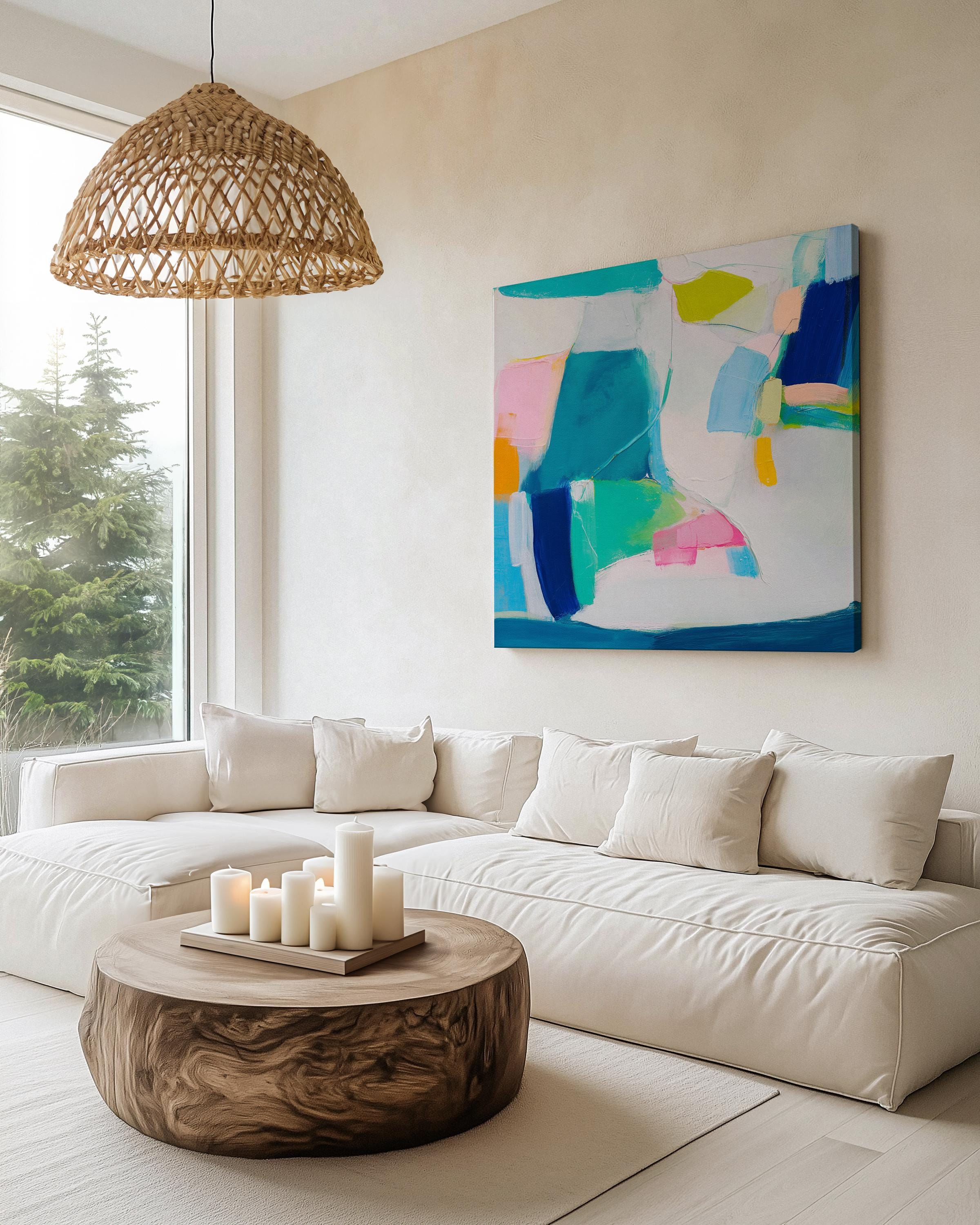 Abstract Color Block Canvas Art in Aqua Pink and Blue – Large Square Modern Wall Art for Living Room or Above Bed – Bold Decor | 478 Room Staging Colorful abstract wall decor styled in a modern neutral home. Large statement wall art displayed in living room, bedroom, or office spaces. Vibrant canvas or giclée decor art adds bold visual impact to contemporary interiors, ideal for home staging, office design, and curated spaces. Muse Studio Decor Art.