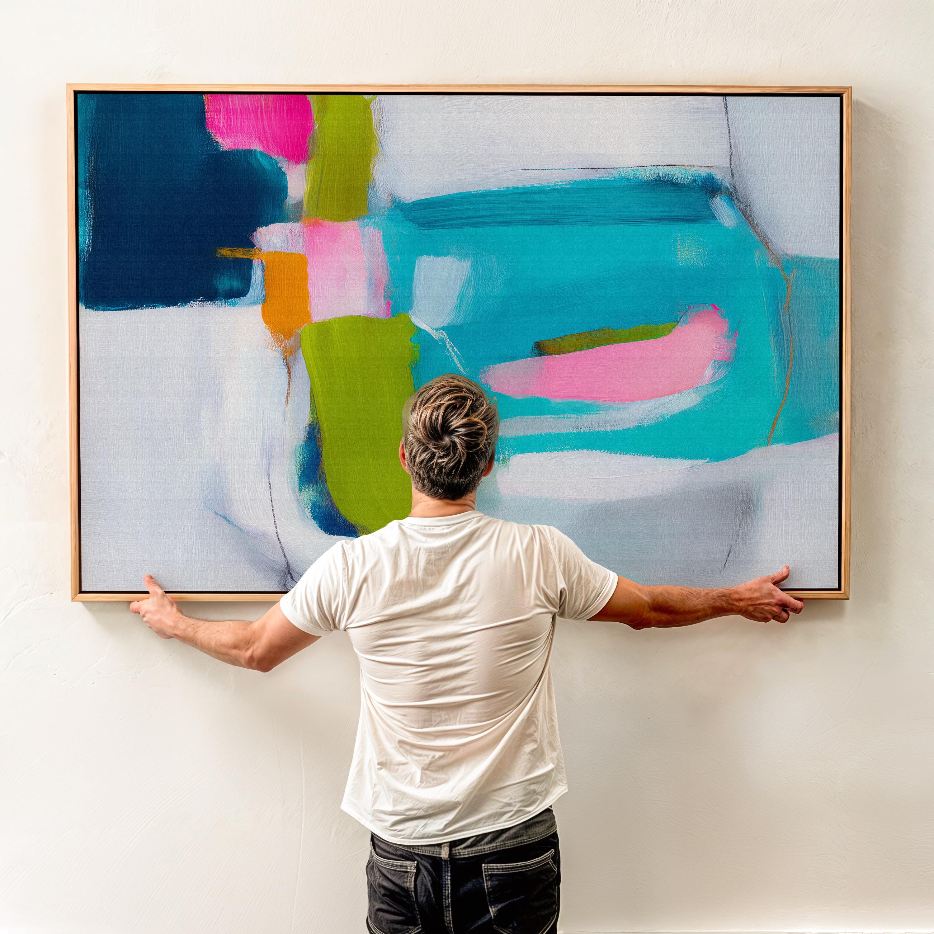 Color Pop Abstract Canvas Wall Art Pink Teal Blue Painting Large Horizontal Modern Art for Living Room or Office Decor Bold Style 479