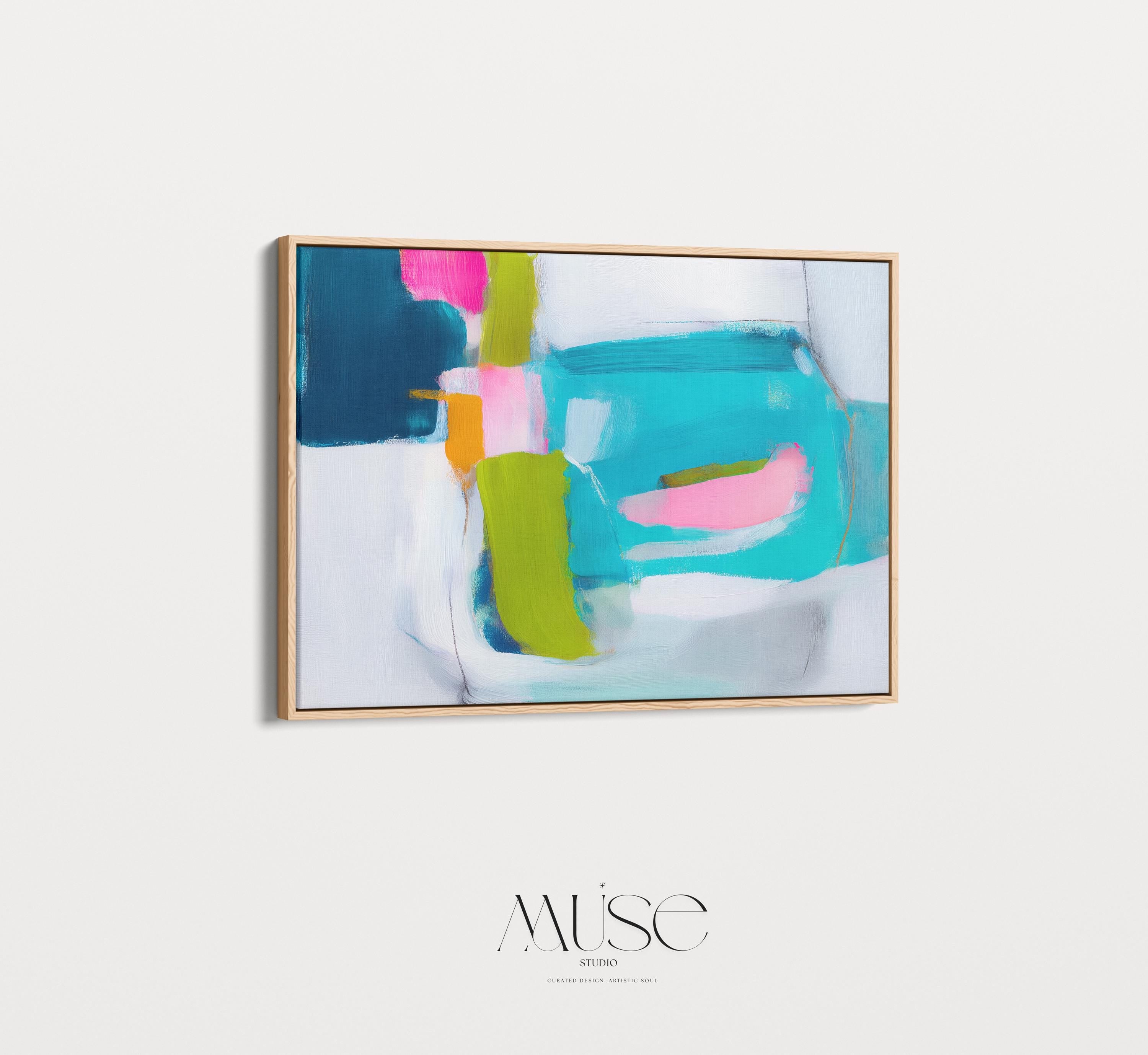 Color Pop Abstract Canvas Wall Art Pink Teal Blue Painting Large Horizontal Modern Art for Living Room or Office Decor Bold Style 479 Framed Canvas Art Colorful abstract wall art on framed canvas, perfect for bold decor art and modern wall decor. Large statement piece with expressive brushstrokes and rich textures. Ready-to-hang giclée canvas designed to energize living rooms, offices, bedrooms and curated interiors. Muse Studio Decor Art.