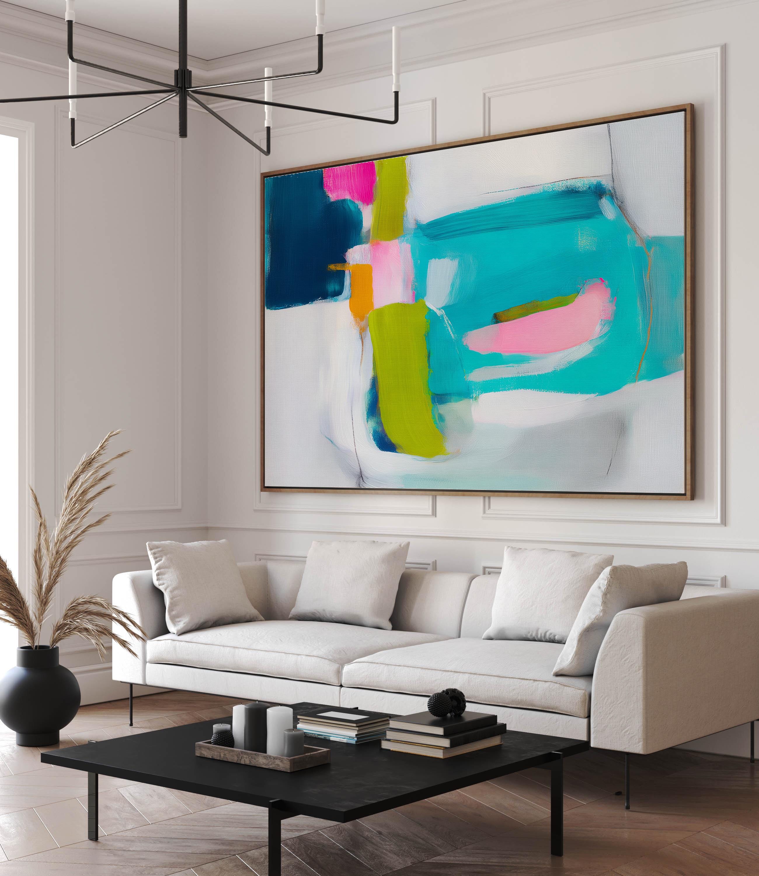 Color Pop Abstract Canvas Wall Art Pink Teal Blue Painting Large Horizontal Modern Art for Living Room or Office Decor Bold Style 479