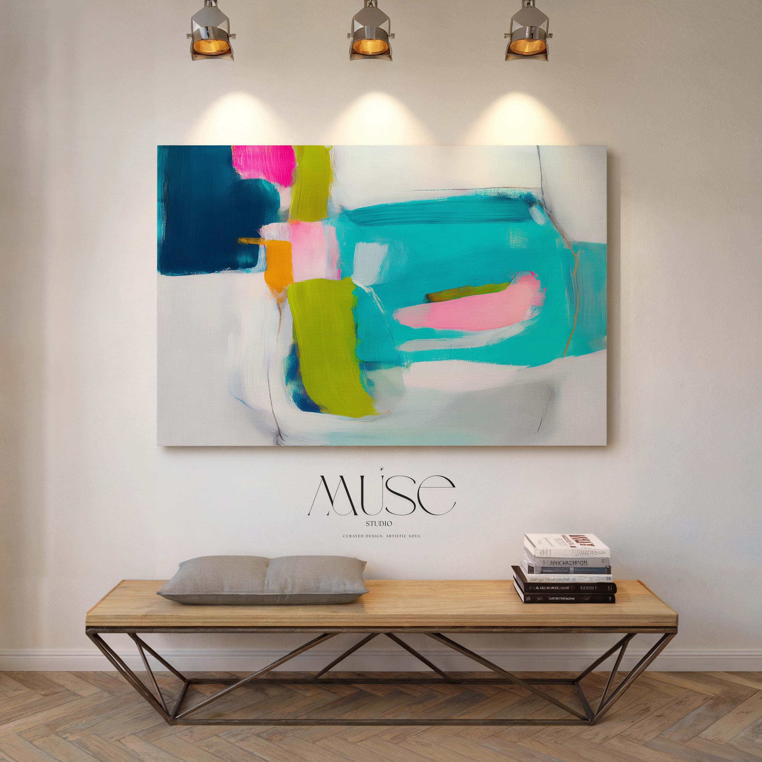 Abstract Canvas Wall Art Teal Pink and Chartreuse Painting Horizontal Bold Color Pop for Office or Living Room Decor Large Modern Art 479 Stretched Canvas Art Large abstract wall decor on stretched canvas, gallery-wrapped and ready to hang. Perfect for colorful wall art in living rooms, office spaces, and design projects. Giclée canvas print with bold brushwork and vibrant modern style for impactful home decor. Muse Studio Decor Art.