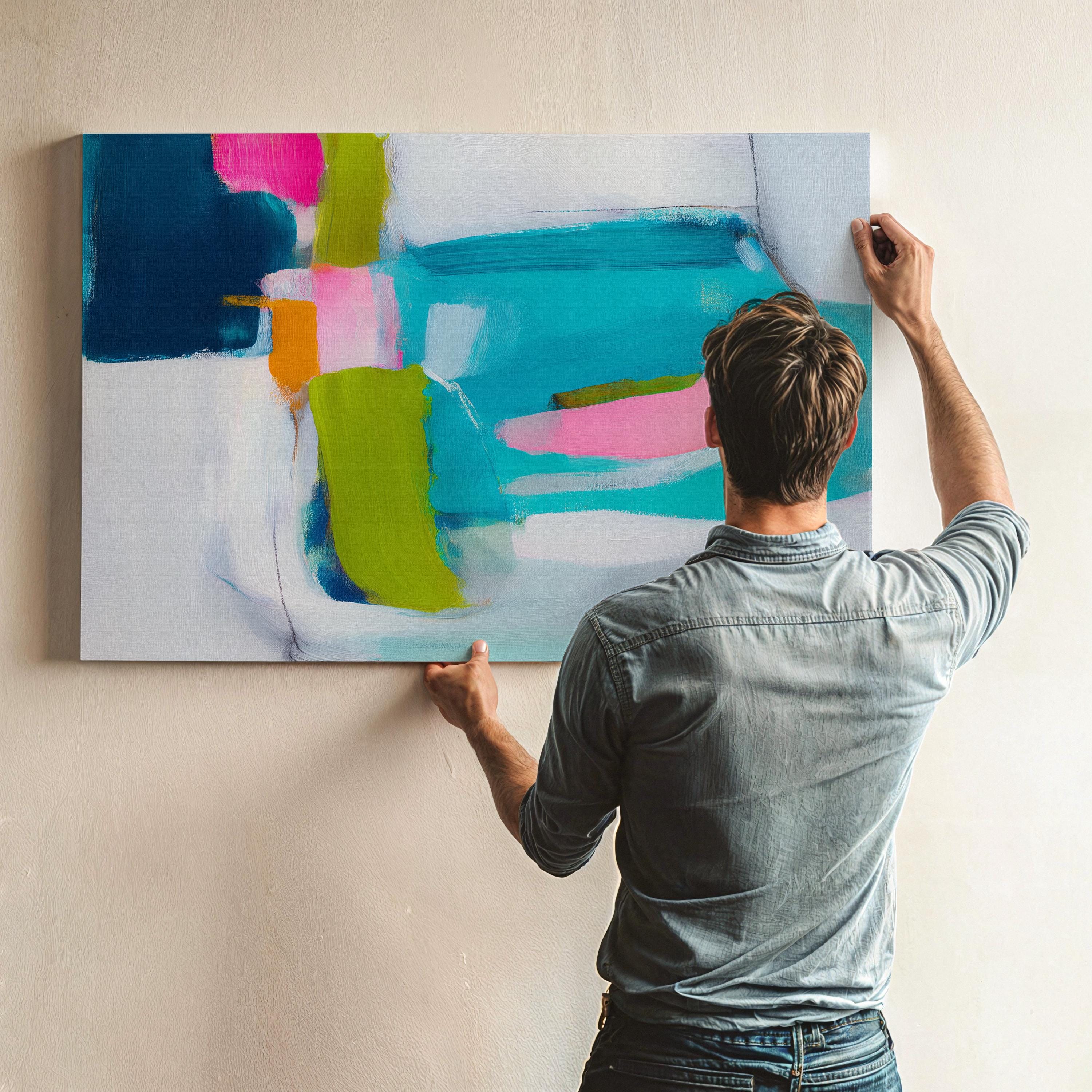 Abstract Canvas Wall Art Teal Pink and Chartreuse Painting Horizontal Bold Color Pop for Office or Living Room Decor Large Modern Art 479