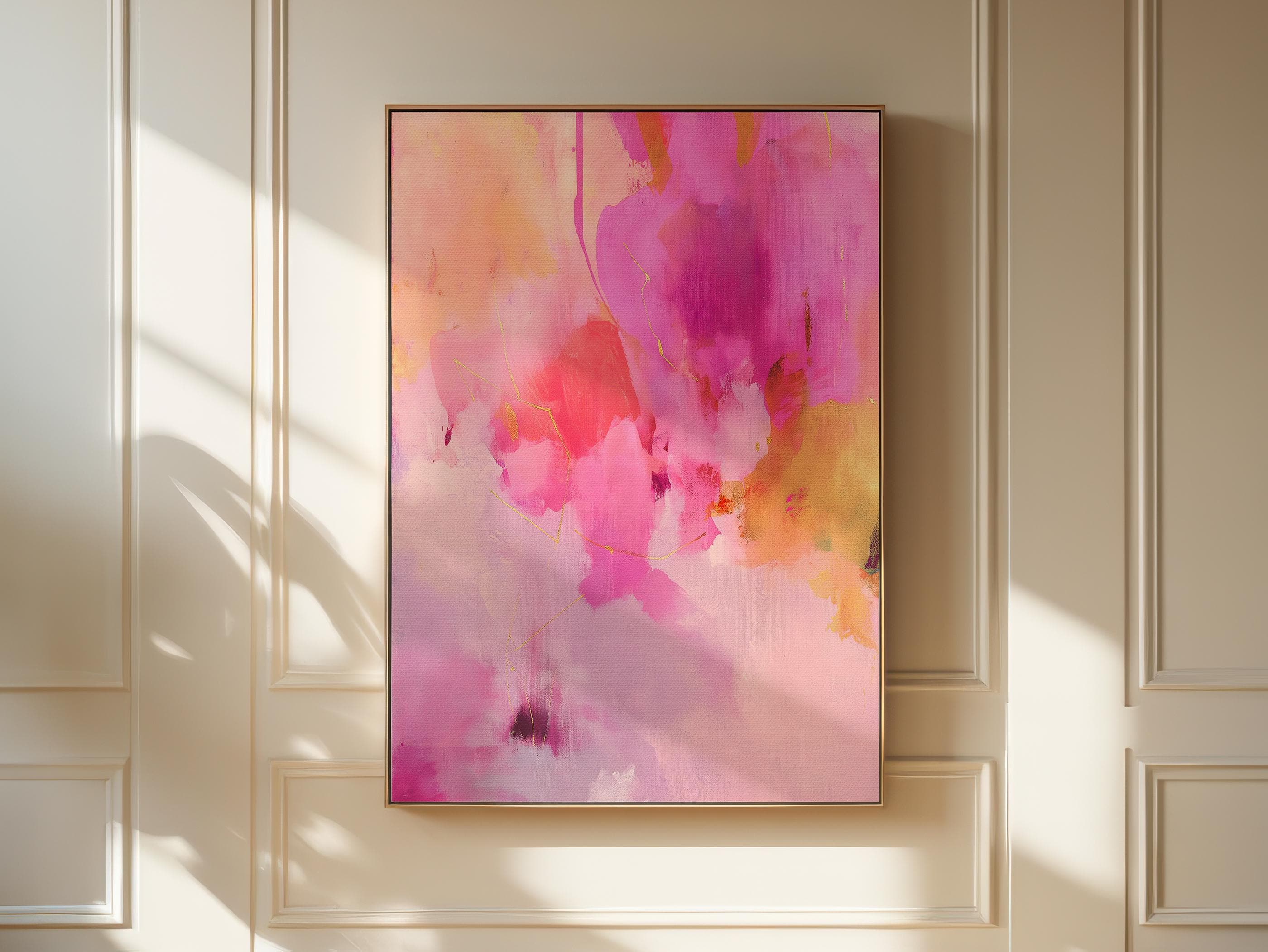 Abstract Vertical Canvas Art Pink and Gold Painting Large Framed Wall Art for Bedroom or Entry Soft Contemporary Modern Decor 476