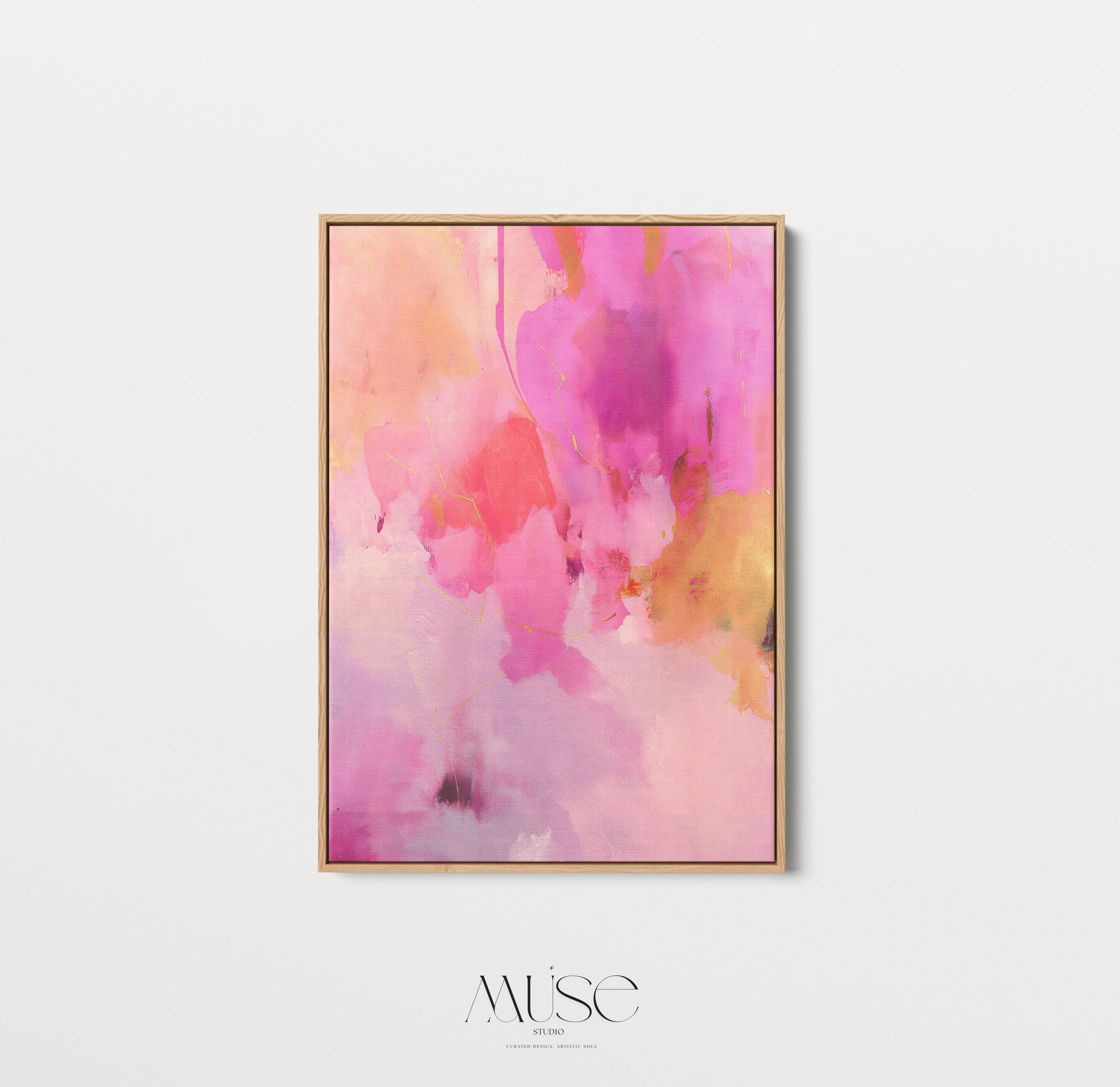 Abstract Vertical Canvas Art Pink and Gold Painting Large Framed Wall Art for Bedroom or Entry Soft Contemporary Modern Decor 476